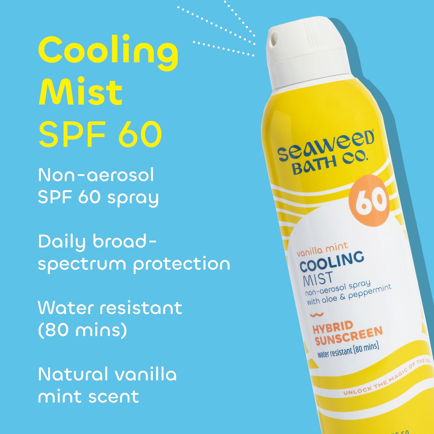 Seaweed Bath Co. Cooling Mist SPF 60 Sport Broad Spectrum Hybrid Sunscreen Spray, 6 Ounce, Sustainably Harvested Seaweed, Aloe, Peppermint