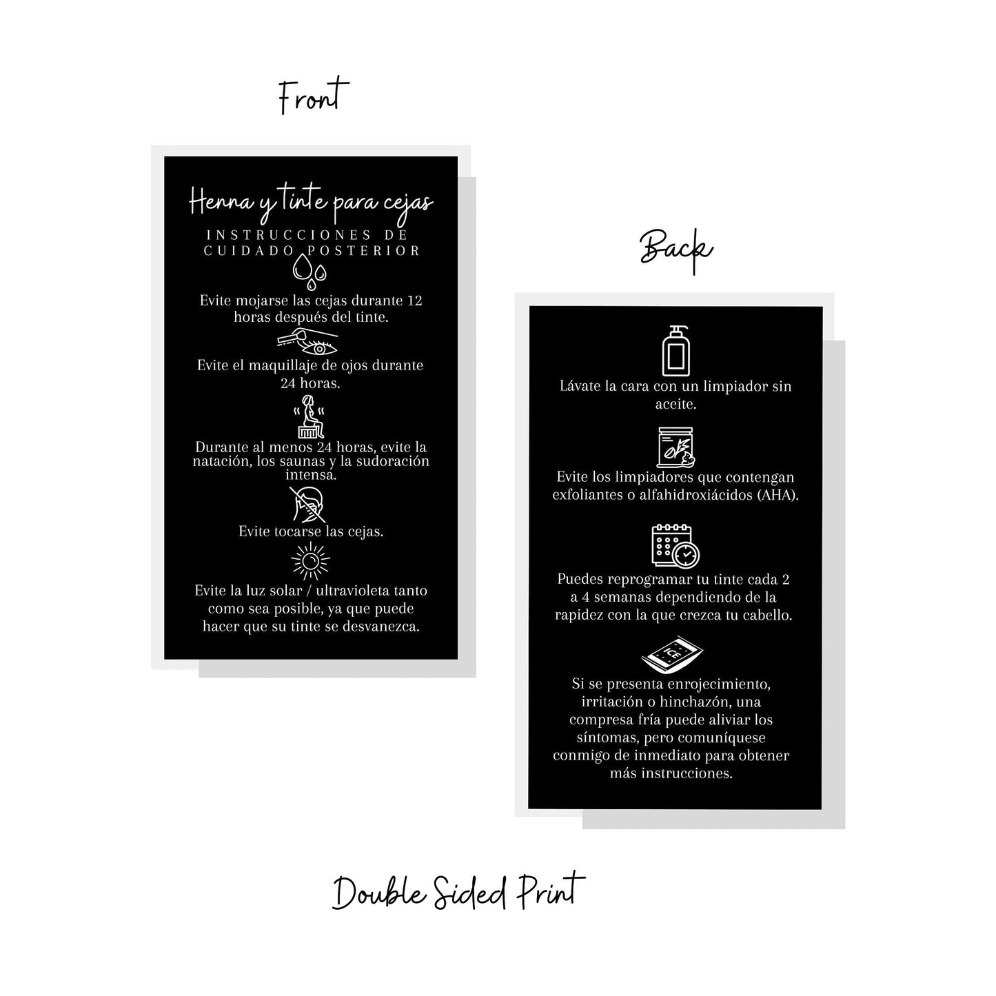 SPANISH Brow Tint & Henna Aftercare Card | Henna y Tinte Para Cejas | 50 Pack | Size 2x3.5” inches Business Card | Starter Lift Kit with Tint at home