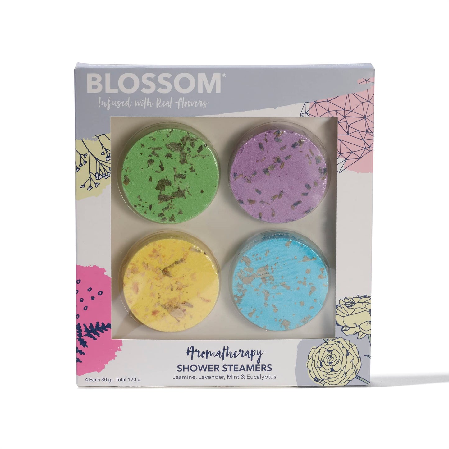 Blossom Aromatherapy Shower Steamers, Bath Bomb Tablets with Essential Oils for Stress Relief and Relaxation 4 Pack Box, Jasmine, Lavender, Mint…