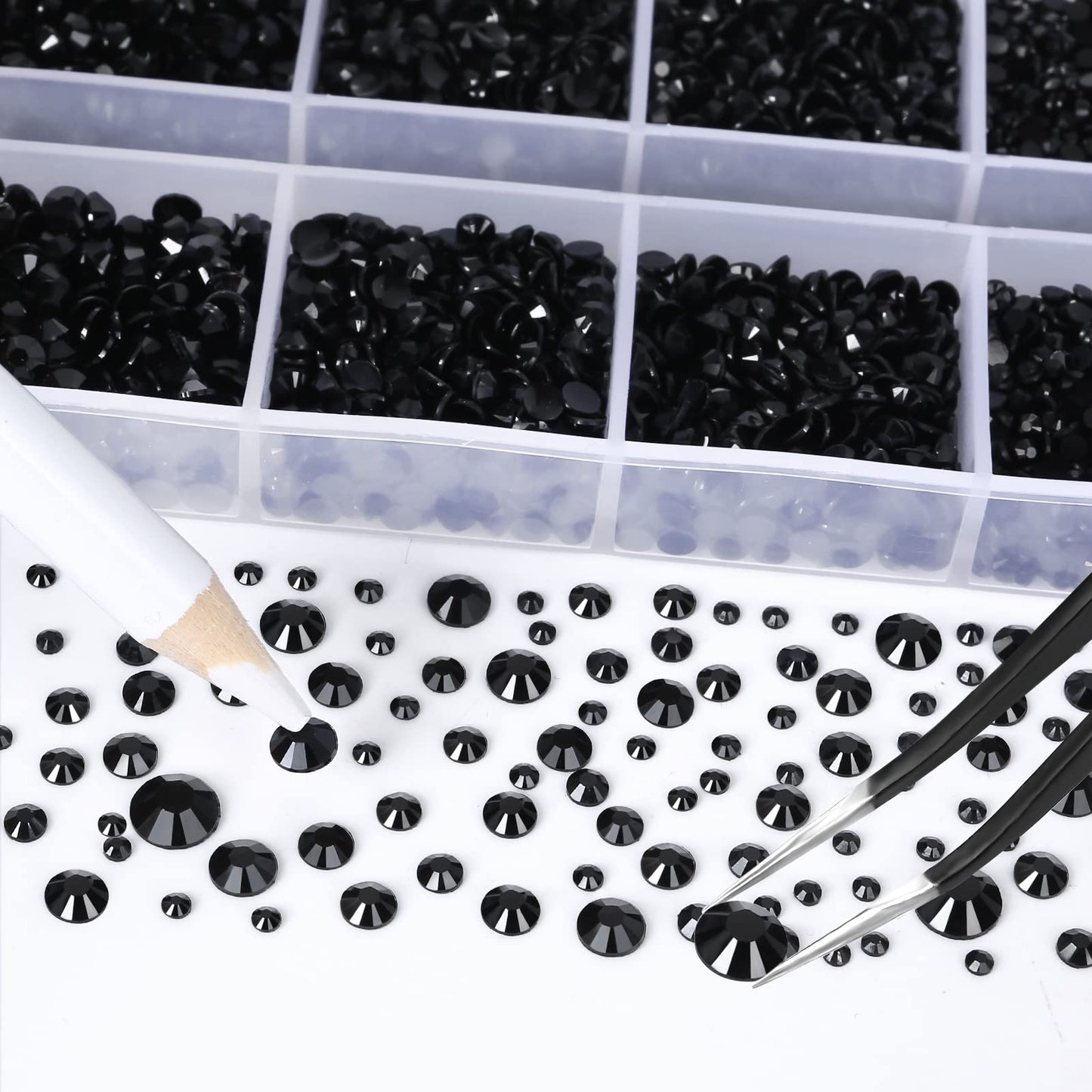 QPRETTY DU 10400 Black Rhinestones, Jelly Resin Crystals for Nails, Flatback Non Hotfix DIY Crystals with 15 cm Pencil Sharpener and Tweezer & Picker