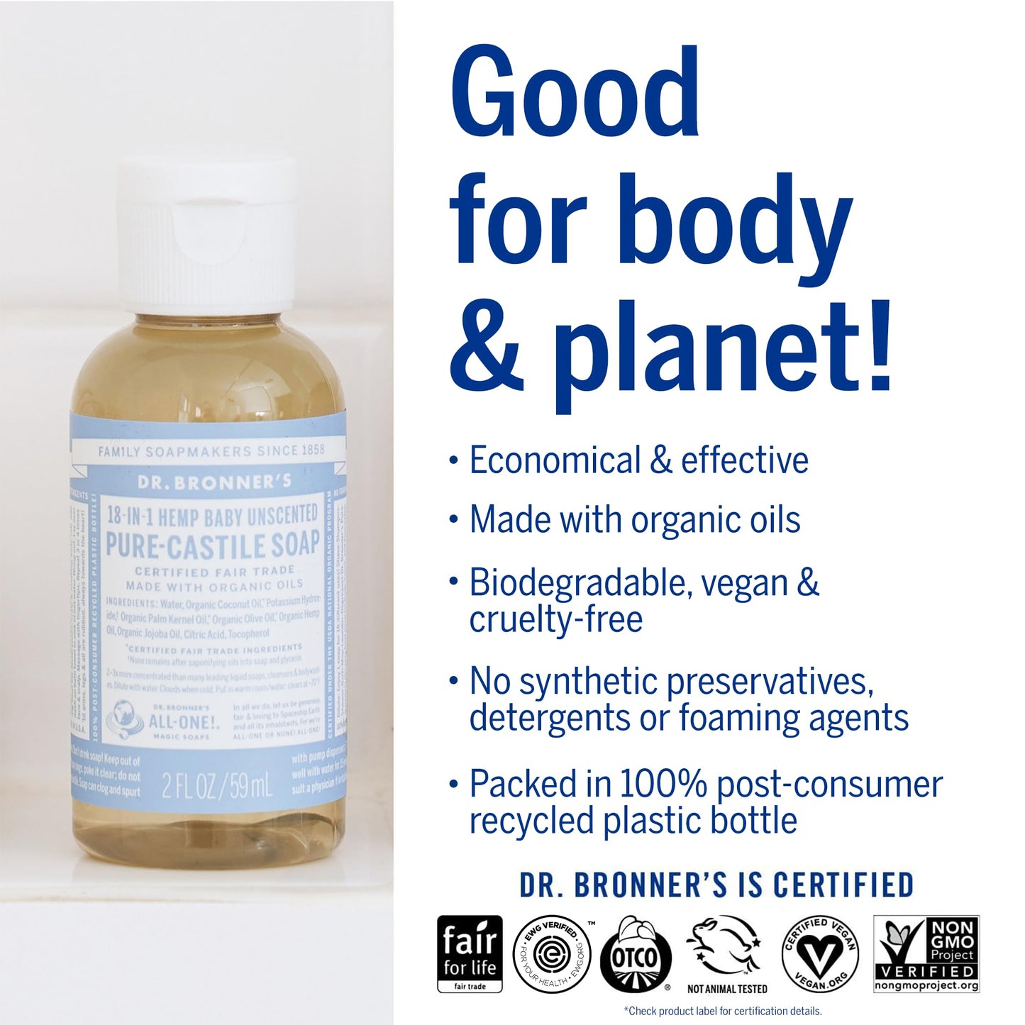 Dr. Bronner's - Pure-Castile Liquid Soap (Baby Unscented, 2 ounce, 2-Pack) - Made with Organic Oils, 18-in-1 Uses: Face, Body, Hair, Laundry, Pets