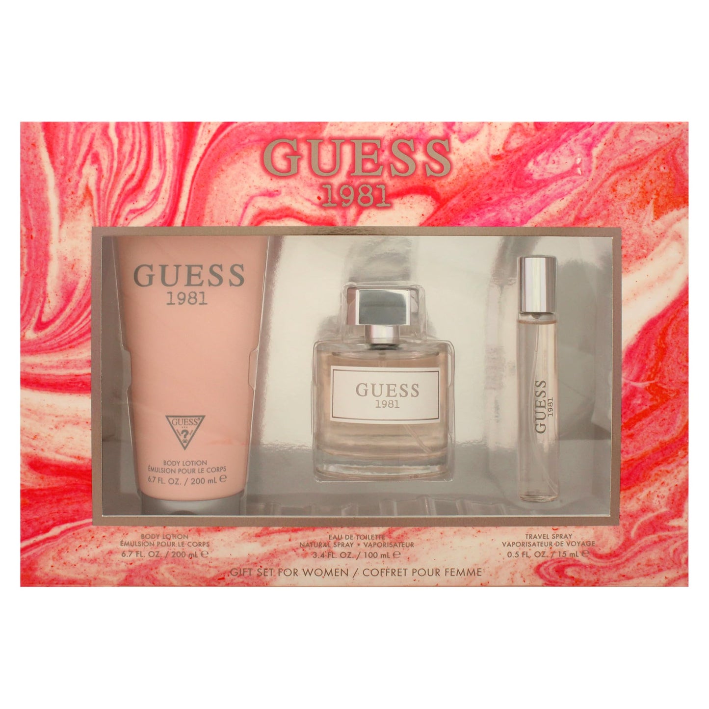 Guess 1981 for Women 3 Piece Gift Set, 3.4oz Eau De Toilette Spray + 0.5oz Eau De Toilette Spray + 6.7oz Body Lotion