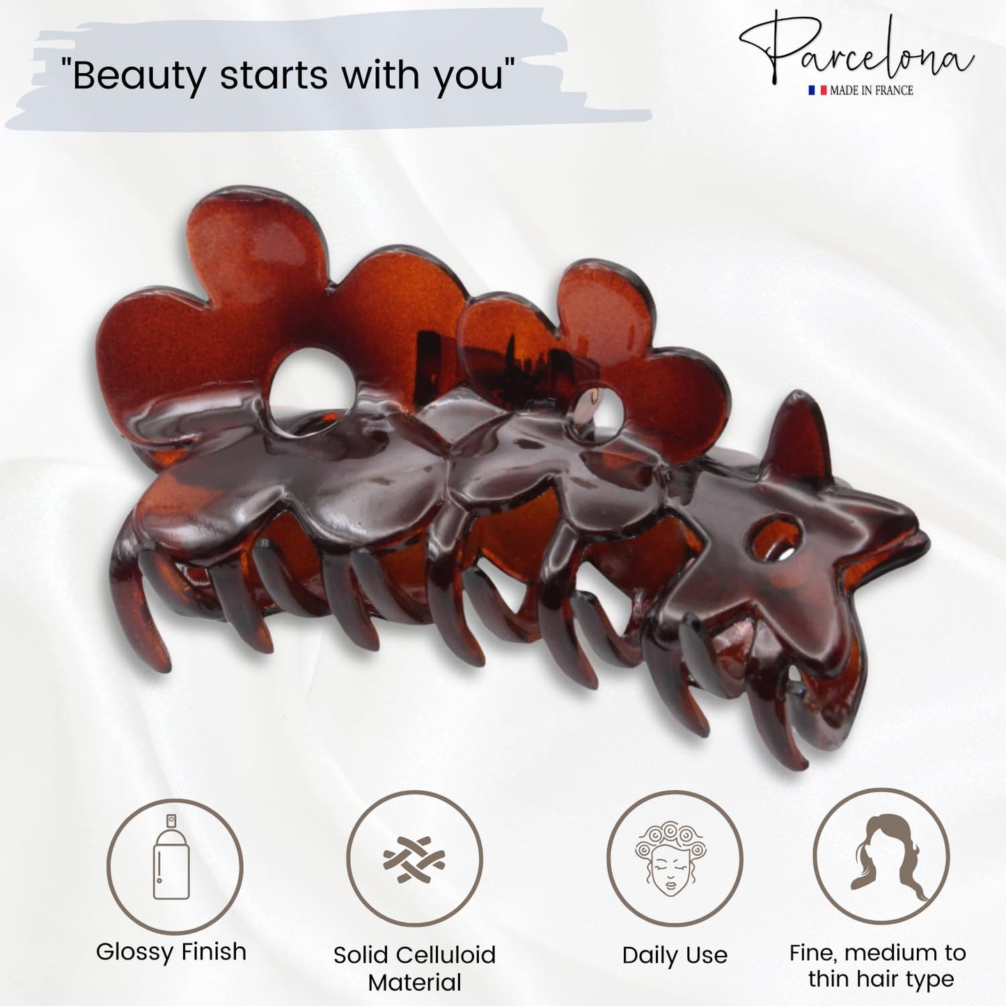 Parcelona French Flowers Medium Covered Spring Brown Tortoise Shell Celluloid Jaw Hair Claw Clips for Women, Made in France