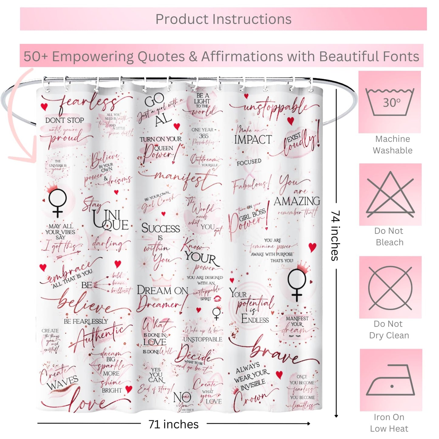 Girl Boss Motivational Shower Curtain - White with Rose Gold Quotes & Affirmations, Inspirational Bathroom Decor for Women, Empowerment Gift, 71" W x…