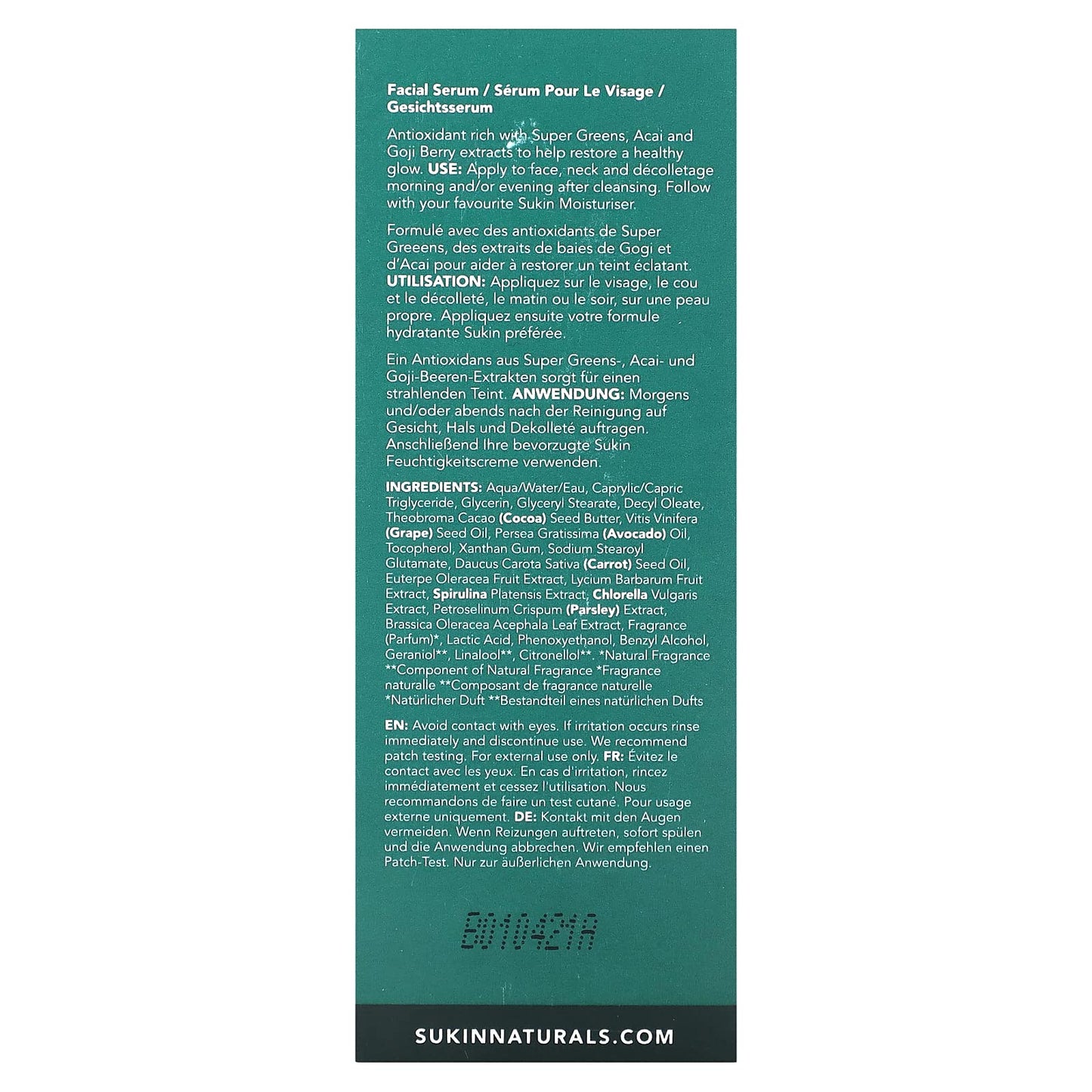 Sukin - Super Greens Facial Recovery Serum, Enhances Skins Radiance, 1.01 fl oz 30 mL