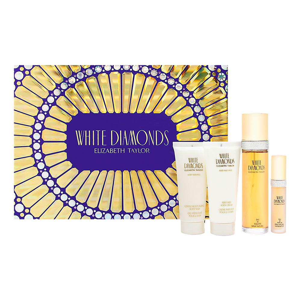White Diamonds by Elizabeth Taylor for Women - 4 Pc Gift Set 3.3oz EDT Spray, 3.3oz Gentle Moisturizing Body Wash, Perfumed Body Lotion, 10ml EDT