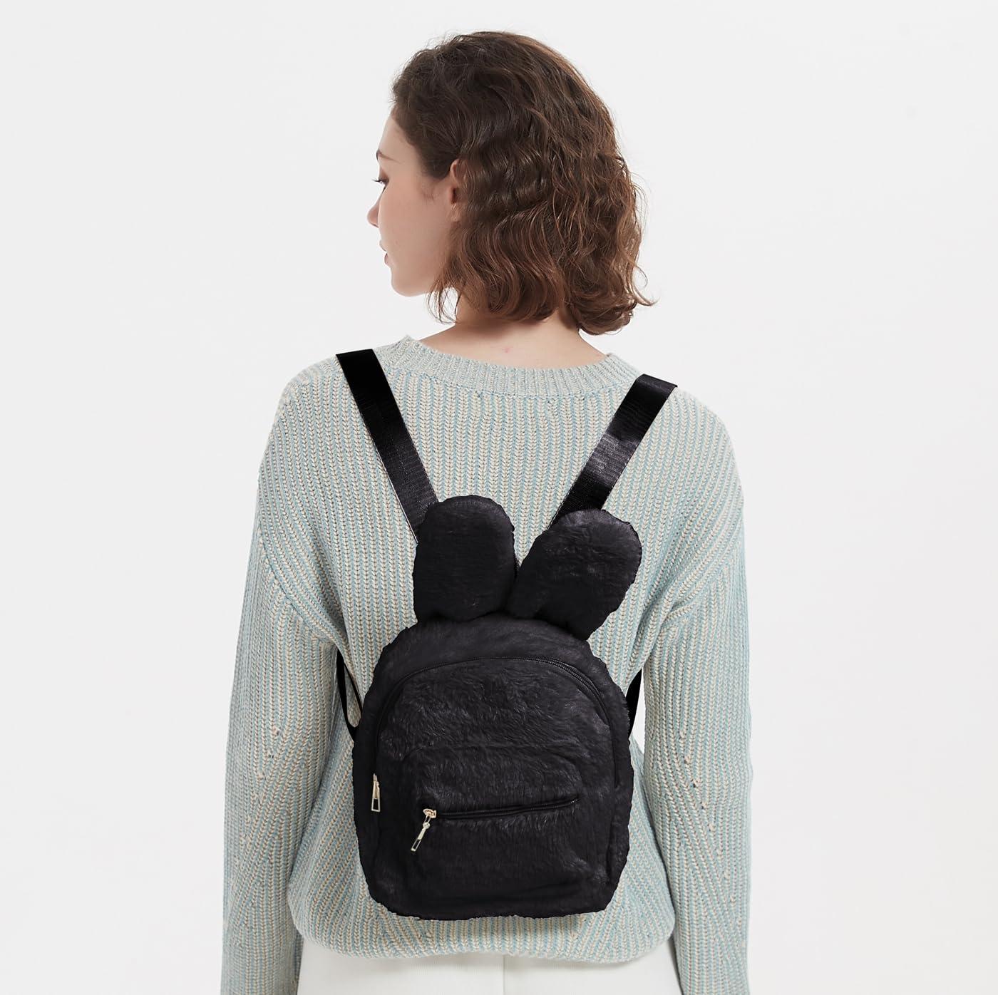 Gupiar Bunny Backpack, Fur Mini Backpacks for Womens Plush Rabbit Ear Satchel Fuzzy Bunny Purse Handbags (Black)