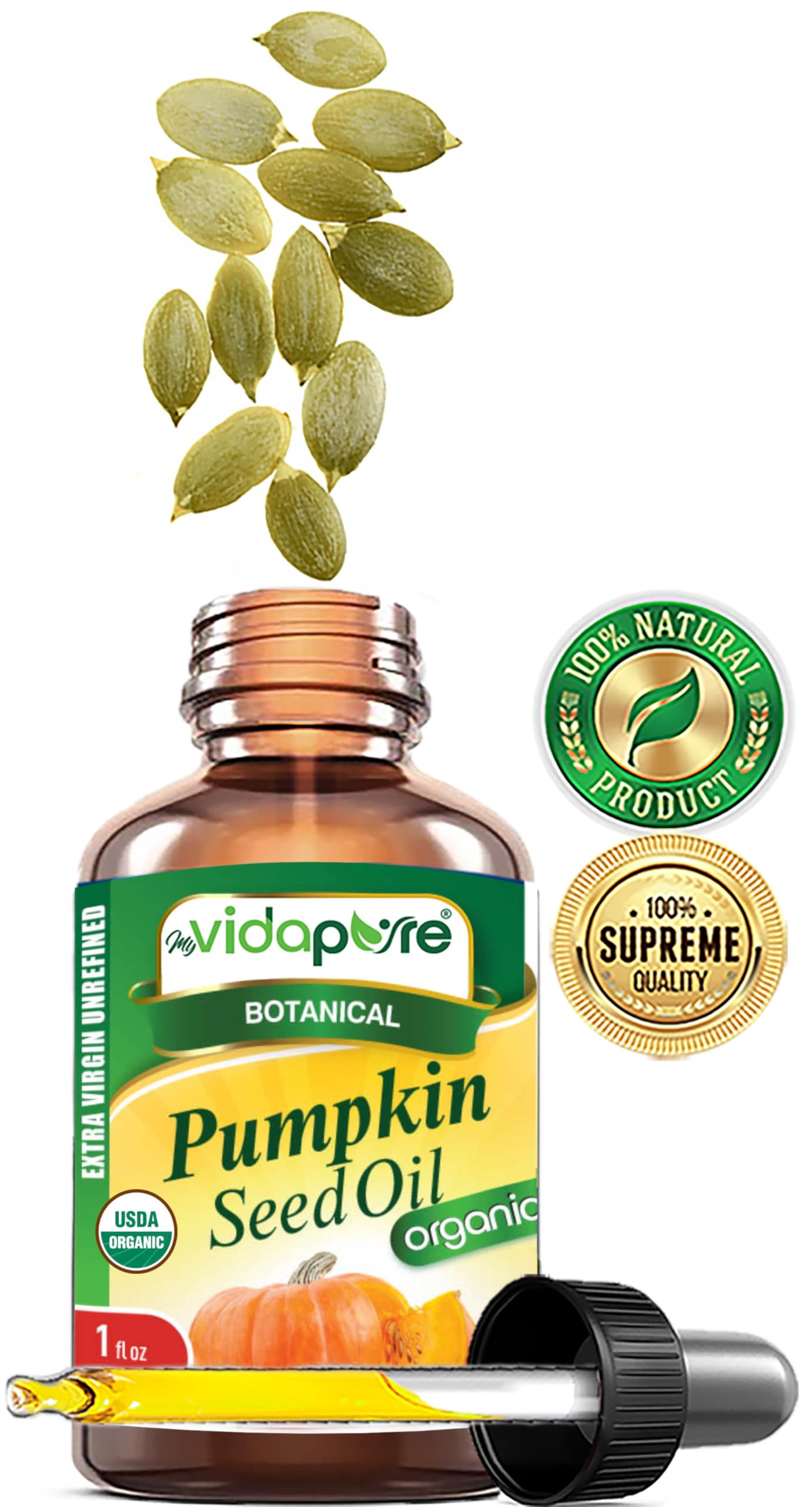 MYVIDAPURE Organic PUMPKIN SEED OIL Certified Organic WILD GROWTH RAW Pure EXTRA VIRGIN UNREFINED for Skin, Face, Body, Hair and Lip Care (1 Fl Oz)