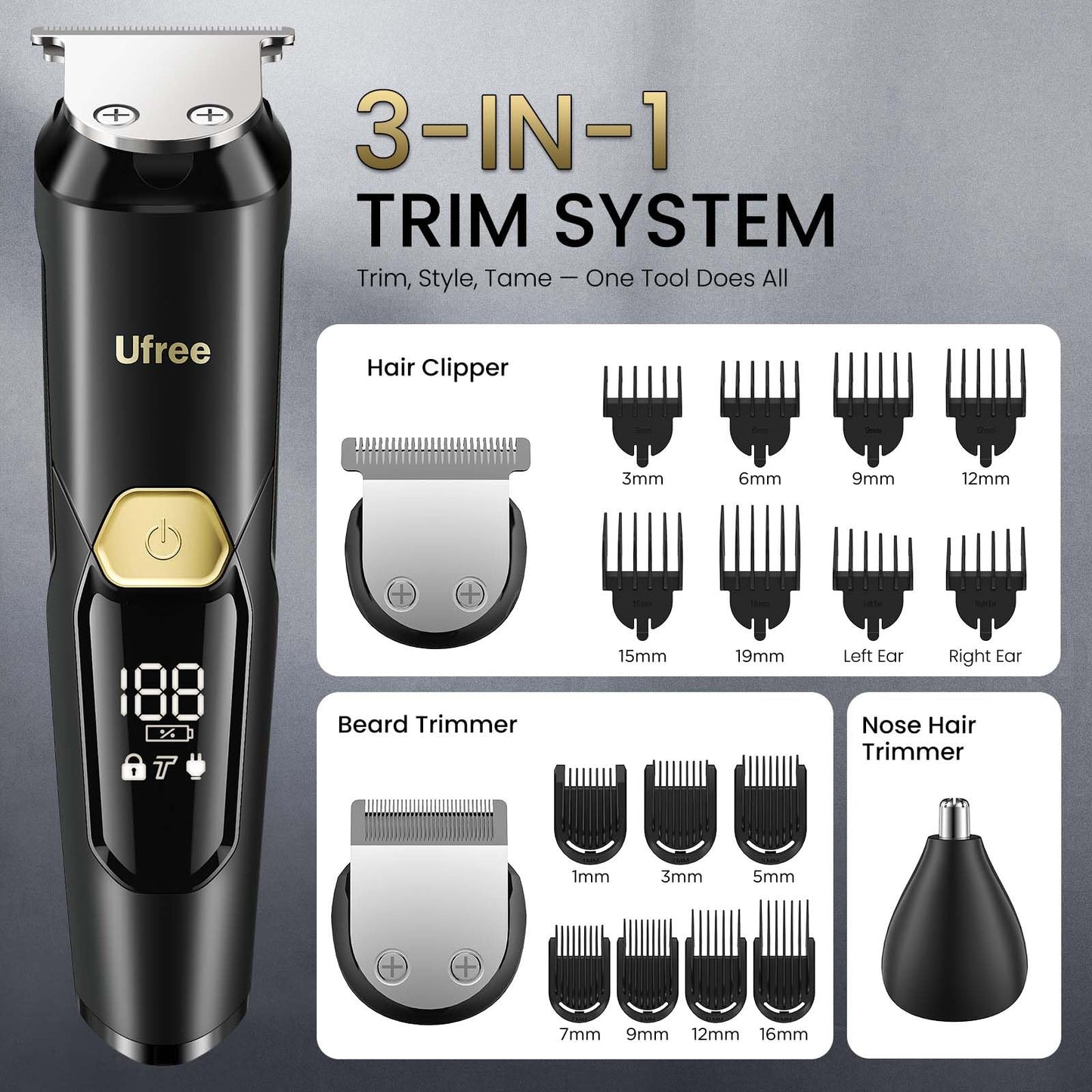 Ufree 3-in-1 Beard Trimmer for Men, IPX6 Waterproof Electric Razor Shaver, Hair Mustache Body Nose Trimmer, Type-C Clippers Husband Father boy Beauty and Personal Care Ufree