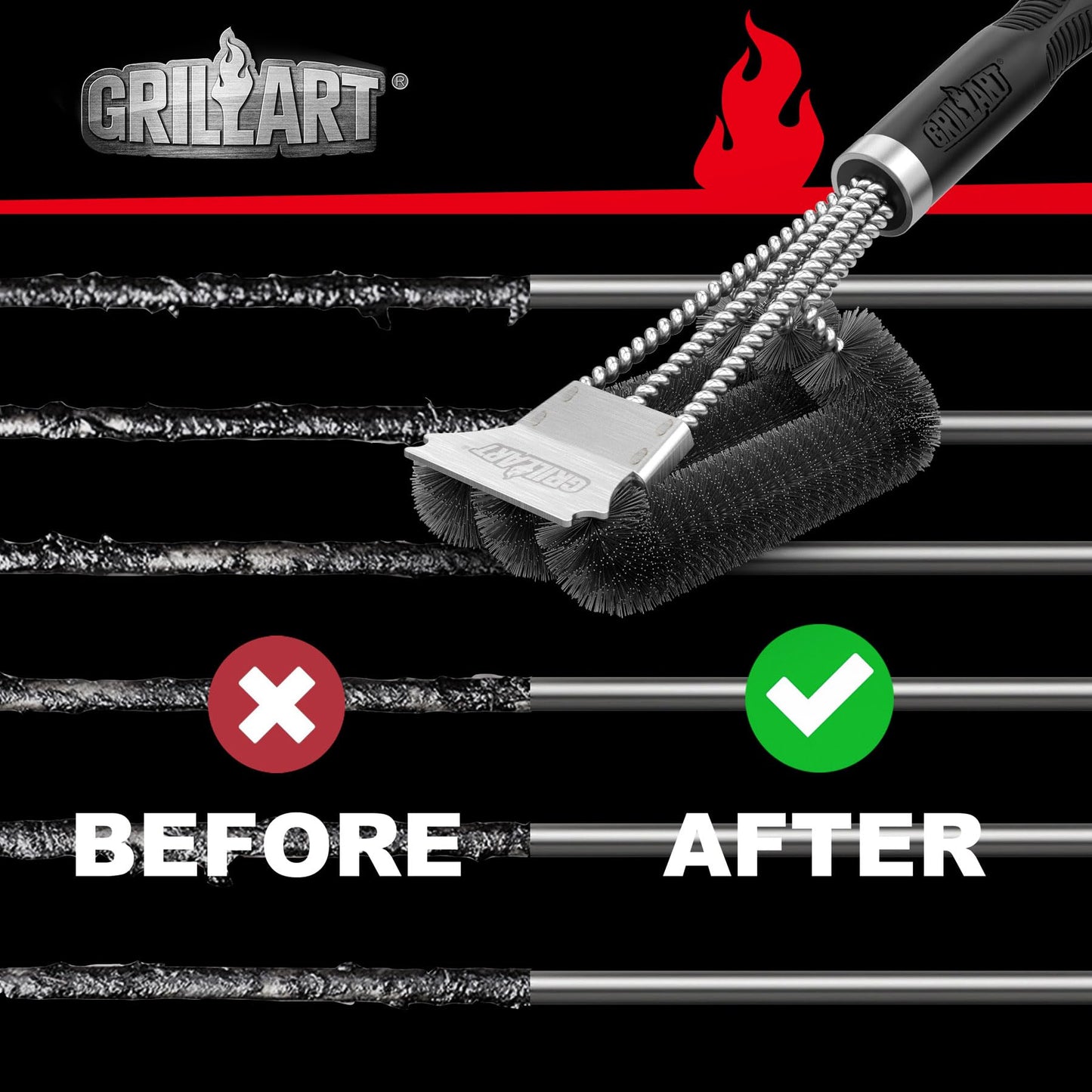 GRILLART Grill Brush & Scraper – Extra Strong BBQ Cleaner with Safe Wire Bristles for Gas & Charcoal Grills, Triple Scrubber BR-8115