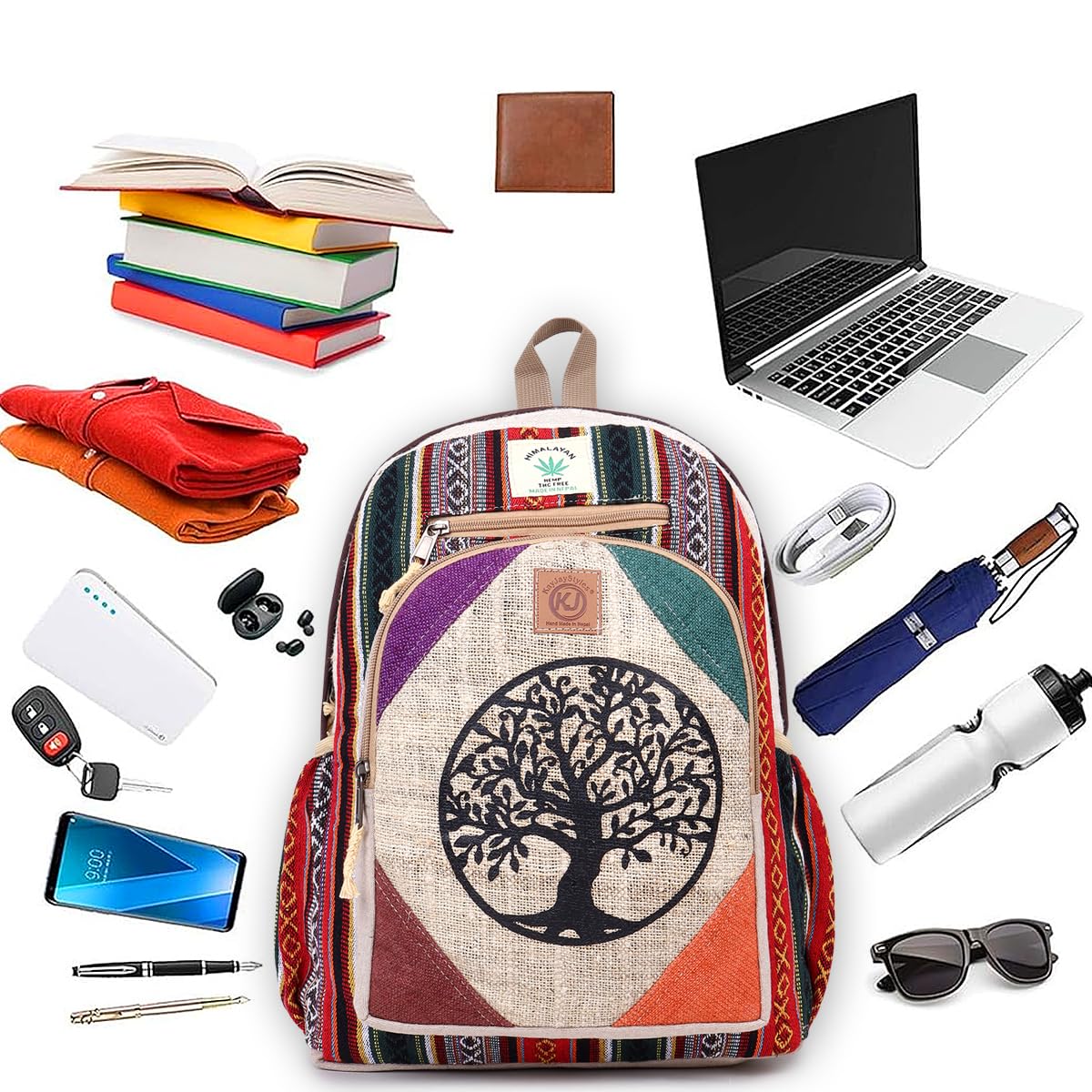 KayJayStyles Natural Handmade Large Multi Pocket Hemp Nepal Backpack (Tree Of Life)