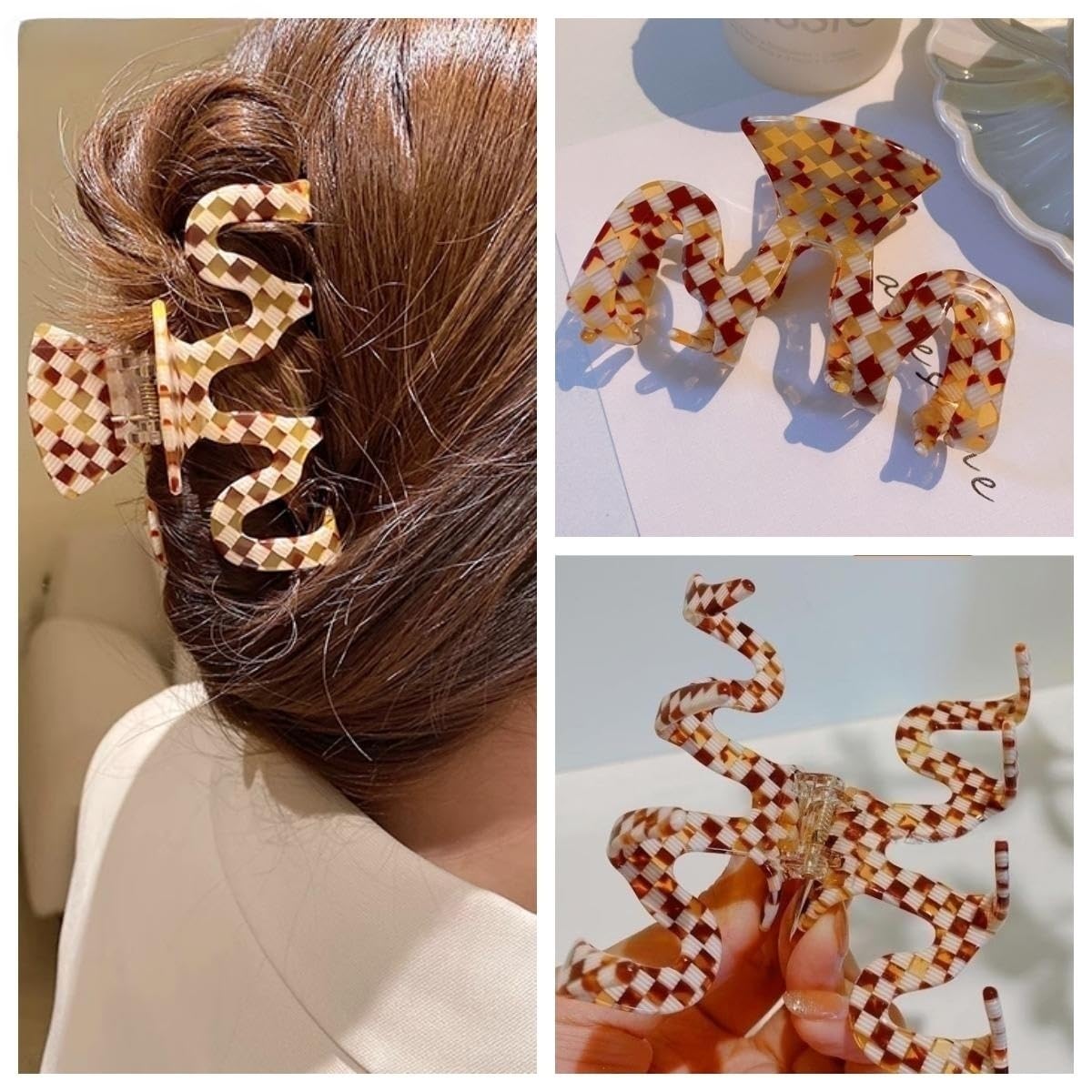 Large Tortoise Shell Claw Clip 3.5 Inch Cellulose Acetate Hair Claw Clips Checkered Hair Claw Clips French Design Hair Jaw Clamp for Women Ladies (2