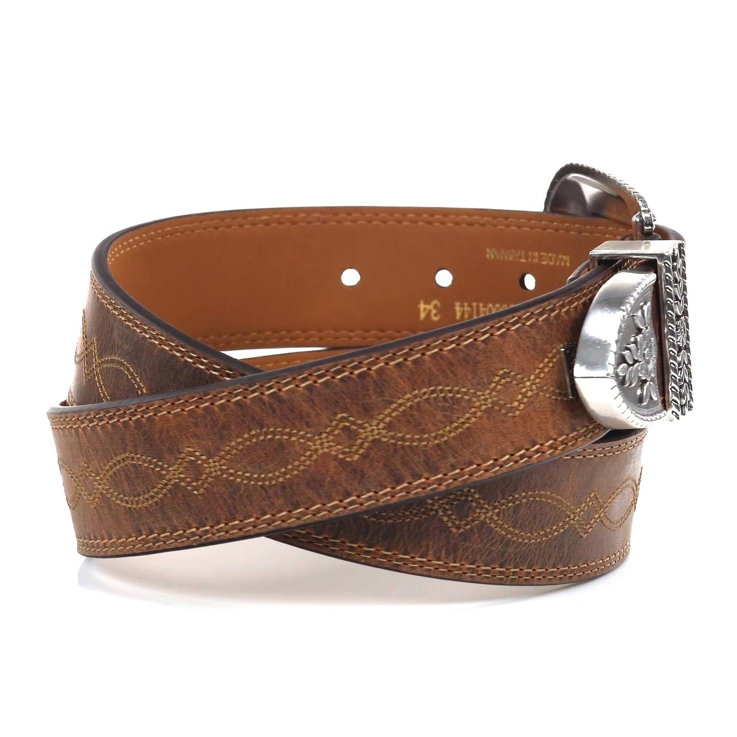 ARIAT Women's Center Stitch Leather Tapered Belt with Removable Antiqued Silver Buckle (Brown, Size 34)