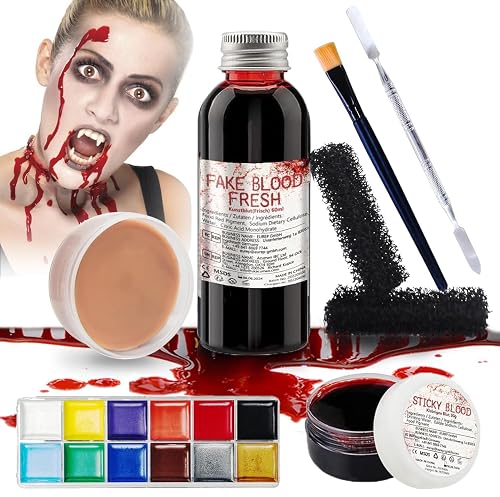 Professional Halloween SFX Special Effects Makeup Kits, Fake Blood, Scab Coagulated Blood Gel, 12 Colors Face Body Paint, Wound Modeling Scar Wax