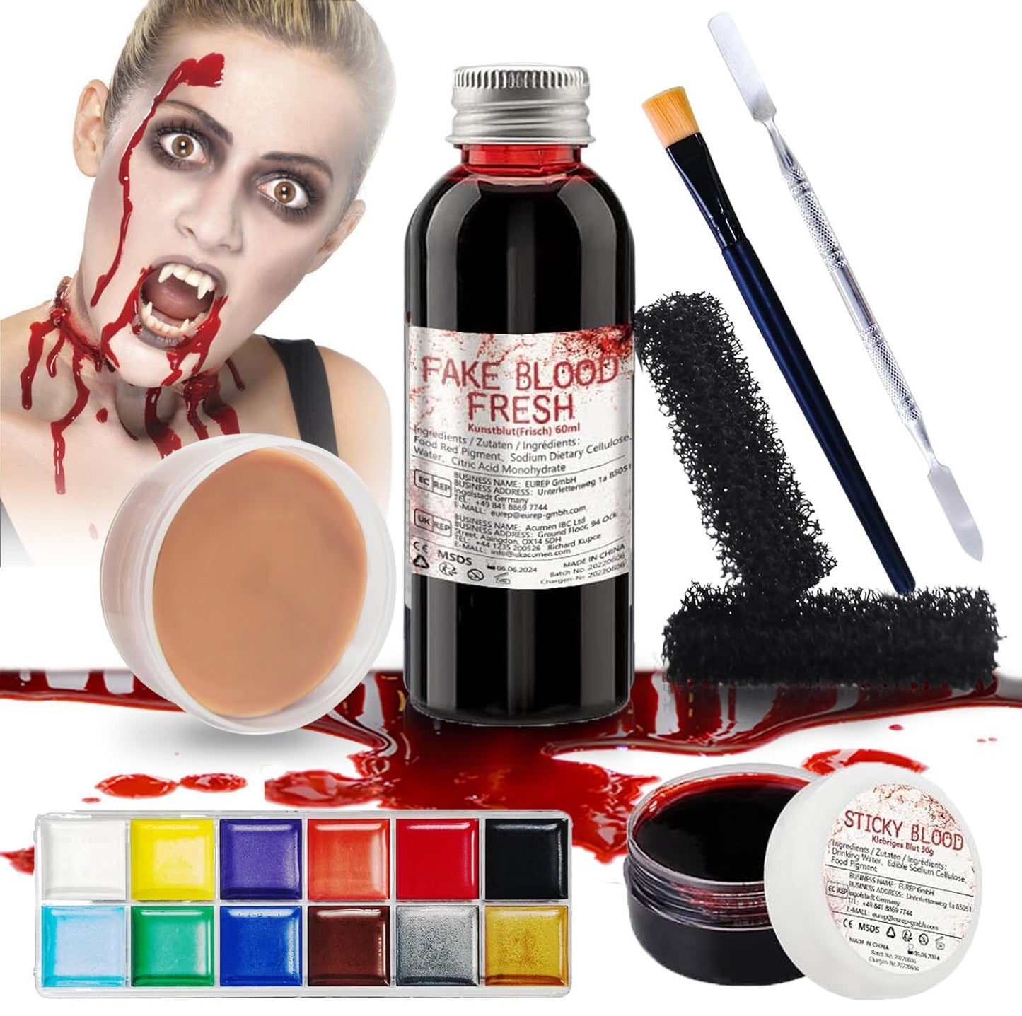 Professional Halloween SFX Special Effects Makeup Kits, Fake Blood, Scab Coagulated Blood Gel, 12 Colors Face Body Paint, Wound Modeling Scar Wax