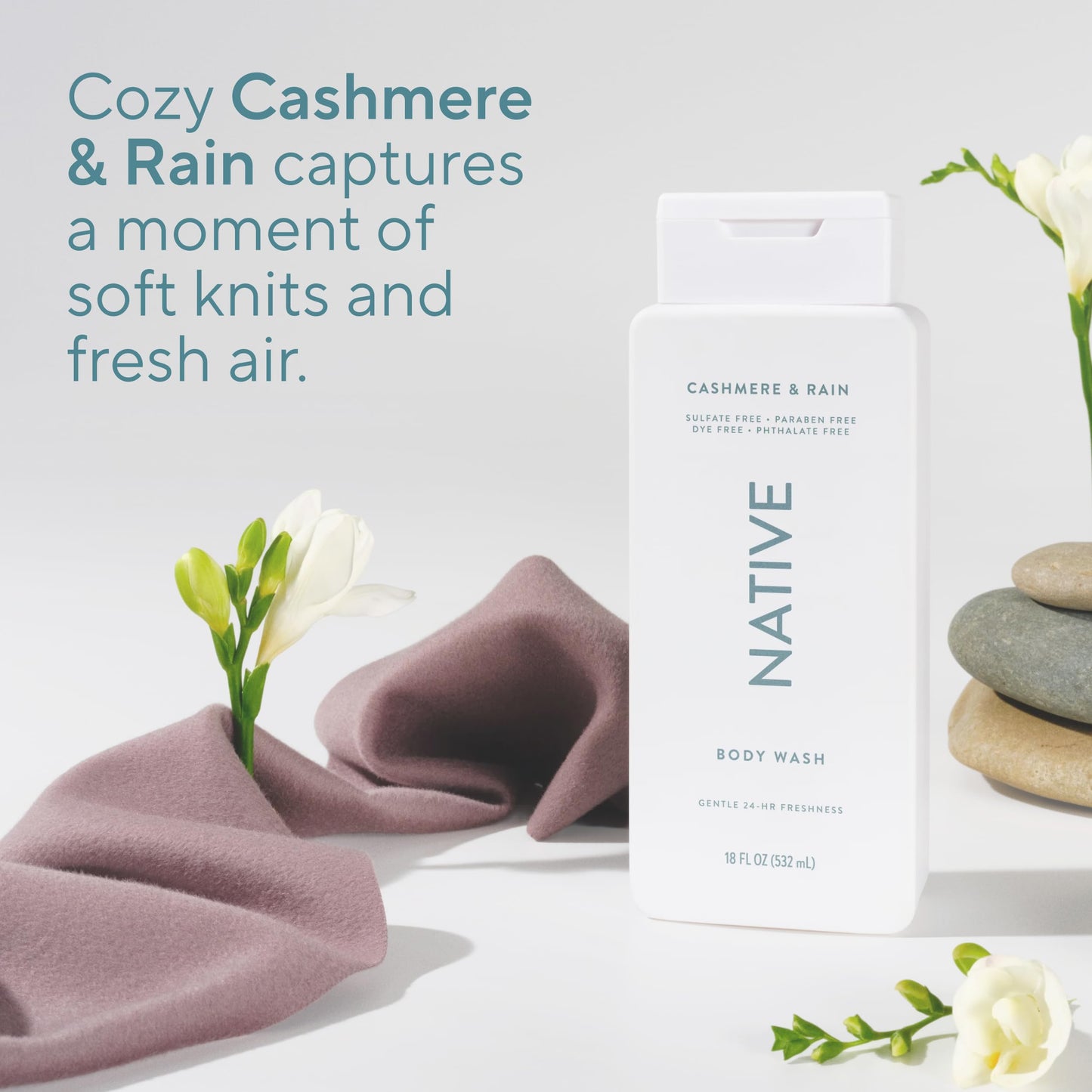 Native Cashmere & Rain Scent 24-Hr Refreshing Clean Body Wash for Men & Women, for All Skin Types Incl. Sensitive, Leaves Skin Feeling Clean & Soft
