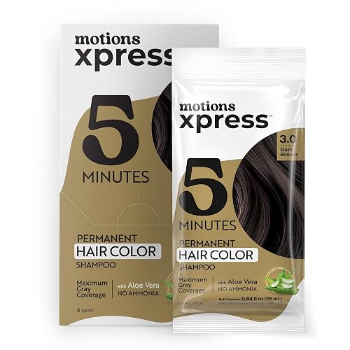Motions Xpress Permanent Hair Color Shampoo Dark Brown - 5 Minute Color, Gray Coverage, Ammonia Free, Deep Shine Hair Dye Shampoo, 0.84 Oz