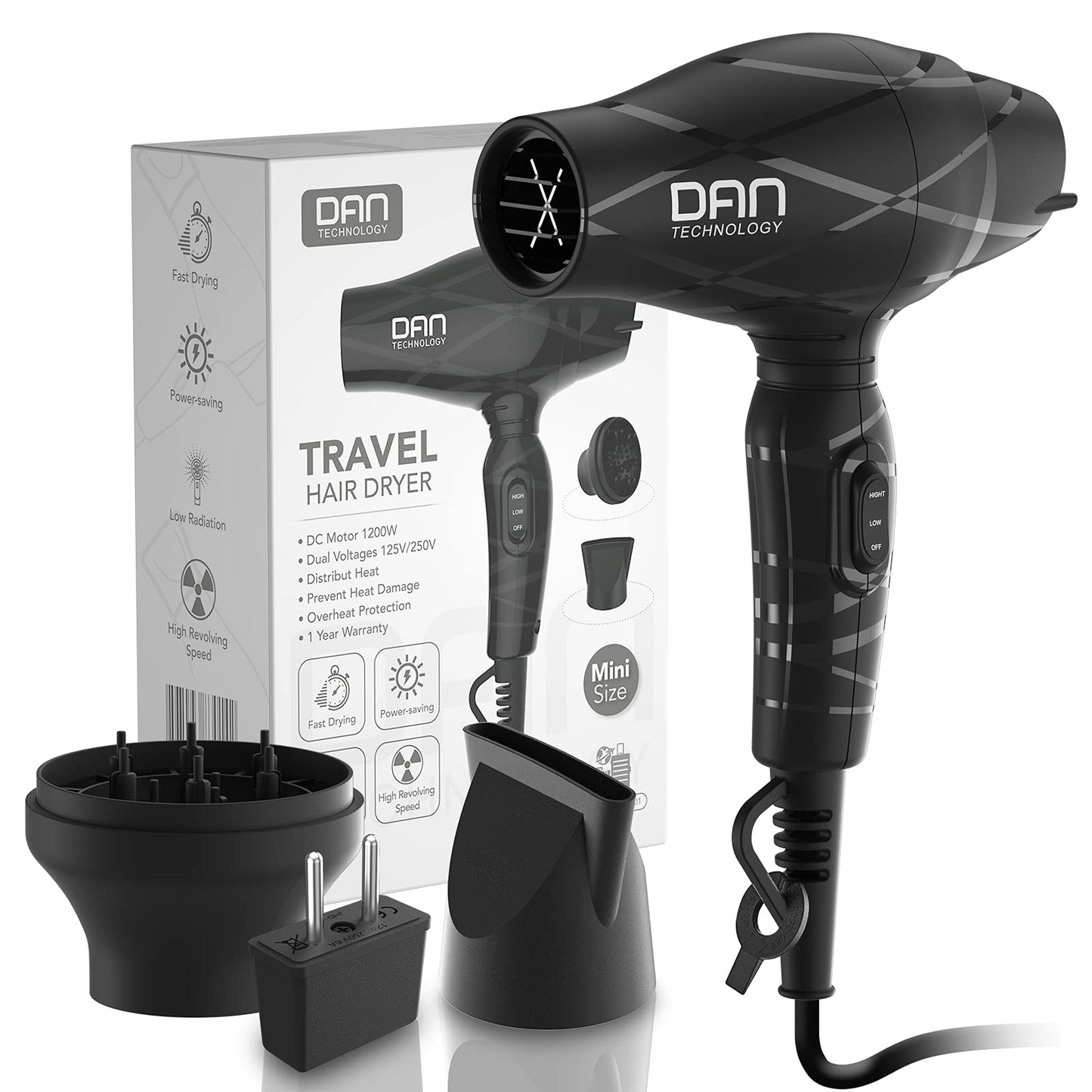 Portable Mini Blow Dryer with Concentrator&Diffuser, with Nozzle Attachment Ceramic,Lightweight Travel Hair Dryer, 2 Heat Settings