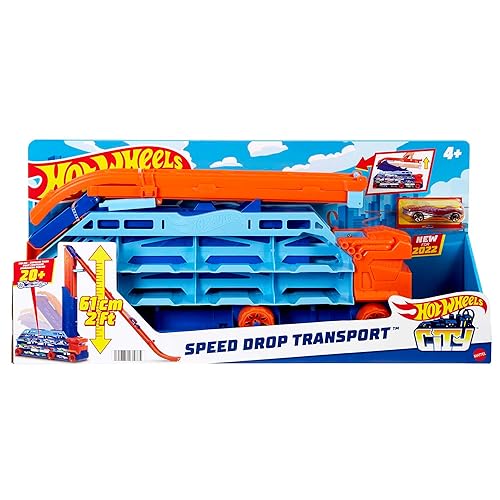 HOT WHEELS City Transporter - with extendable Downhill ramp, Loading Area for 20 Vehicles and Special Wheels - Gift for Children from 4 Years, HDY92
