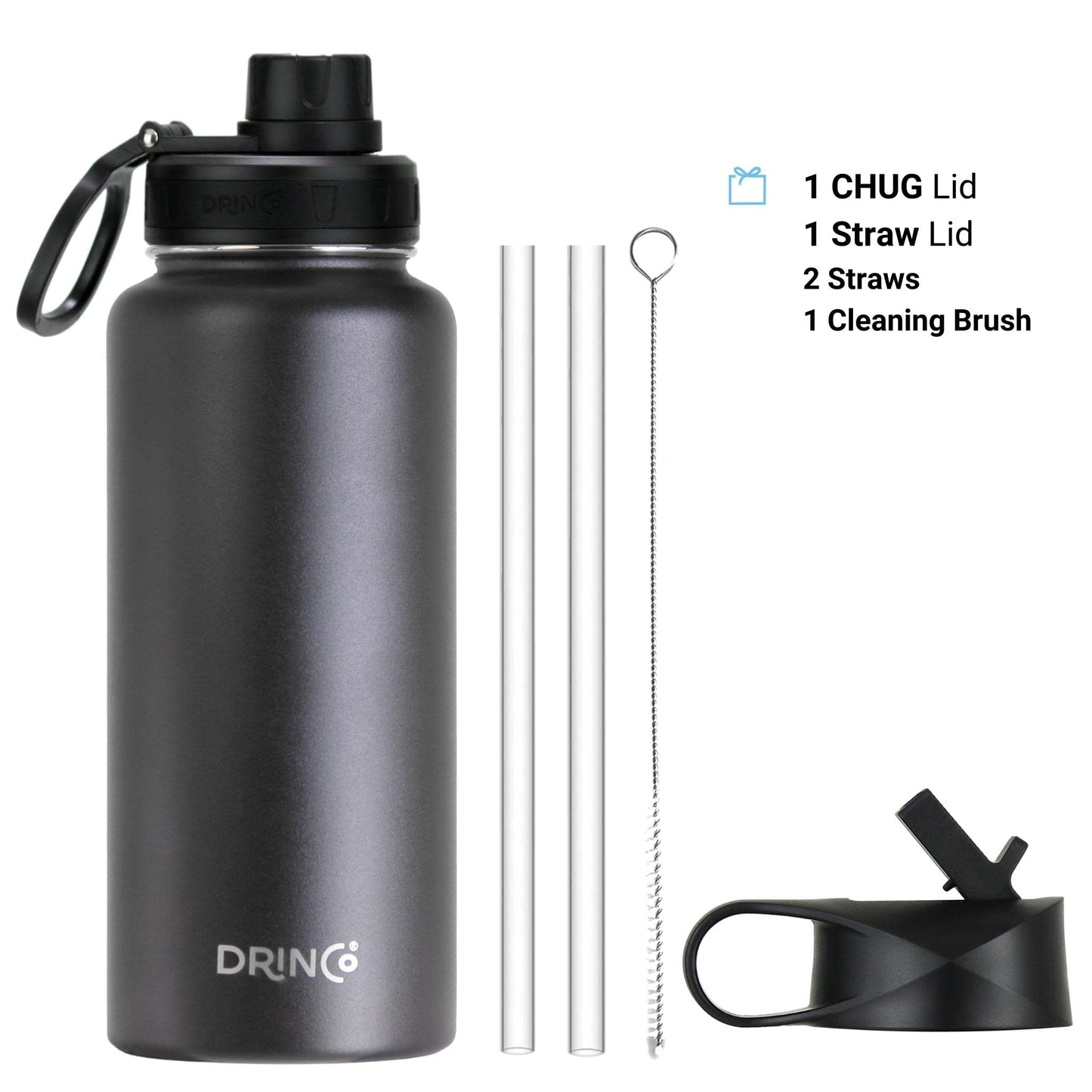 DRINCO Stainless Steel Water Bottle Spout Lid Vacuum Insulated Double Wall Water Bottle USA Flag Military Veteran (32oz Skull Black, 32oz)