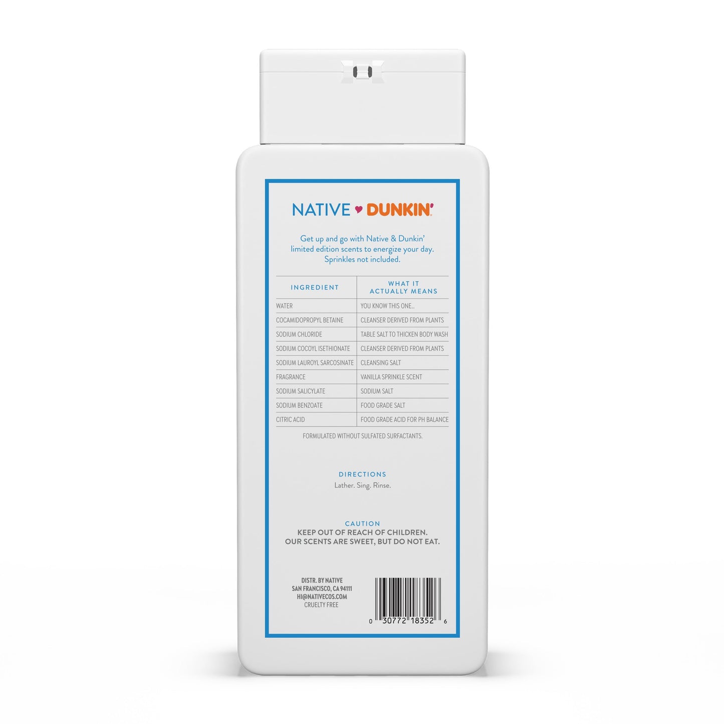 Native Body Wash, Dunkin Vanilla Sprinkle, Contains Naturally Derived Ingredients | For Women & Men, Sulfate, Paraben, & Dye Free Leaving Skin Soft