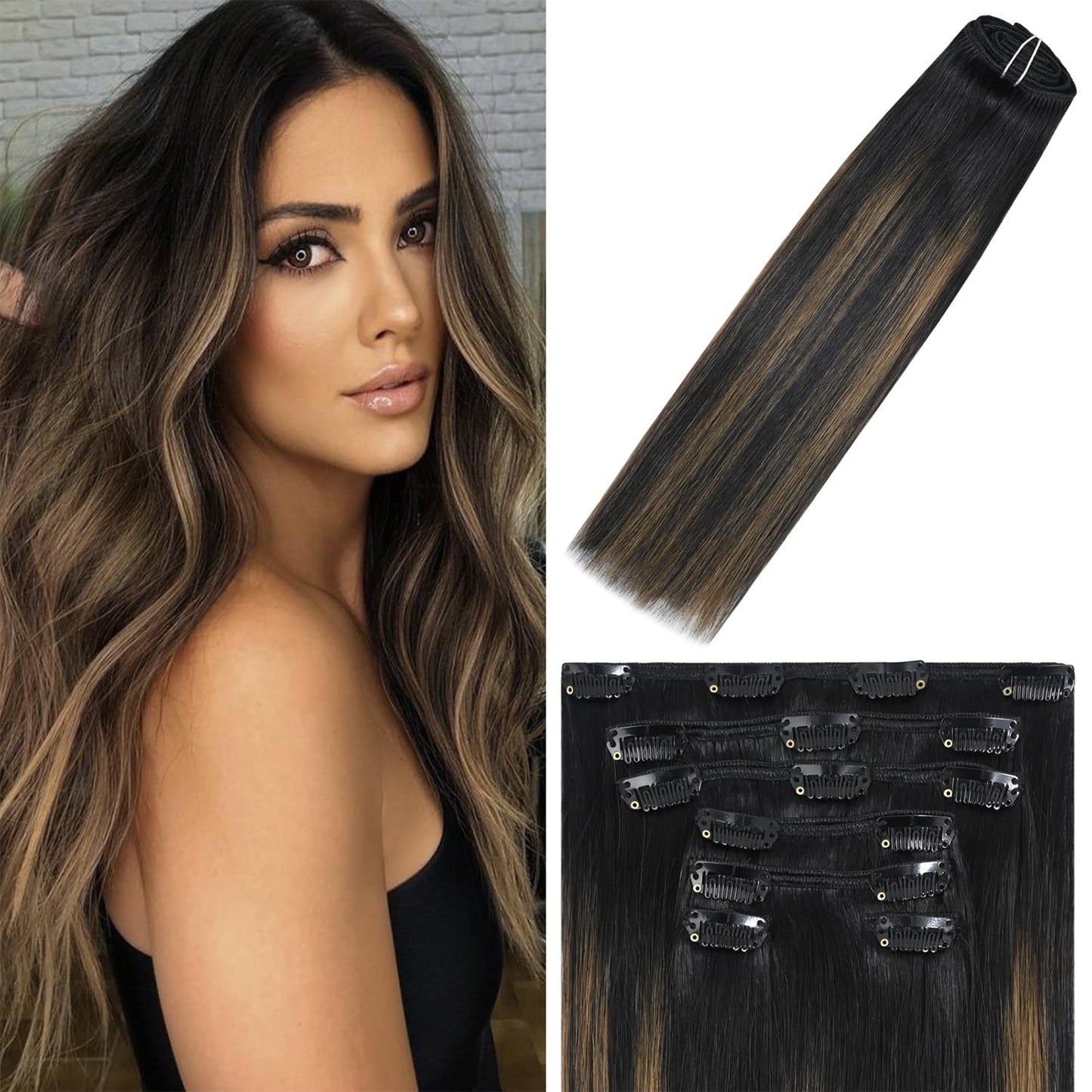 WindTouch Clip In Hair Extensions Human Hair Balayage Natural Black to Chestnut Brown 18Inch 75g #1BT6P1B 7PCS