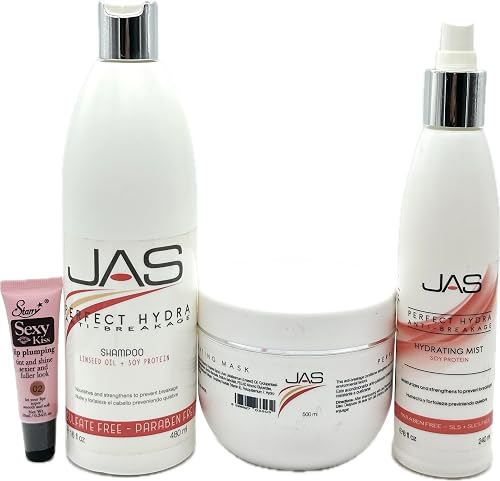 JAS Perfect Hydra Anti-breakage Shampoo & Conditioner 16 oz, Hydrating Mist 8 oz with Linseed Oil + Soy Protein "Free Starry Sexy Kiss Lip Plumping 10