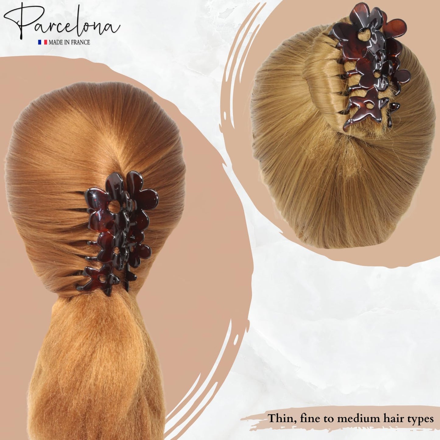 Parcelona French Flowers Medium Covered Spring Brown Tortoise Shell Celluloid Jaw Hair Claw Clips for Women, Made in France