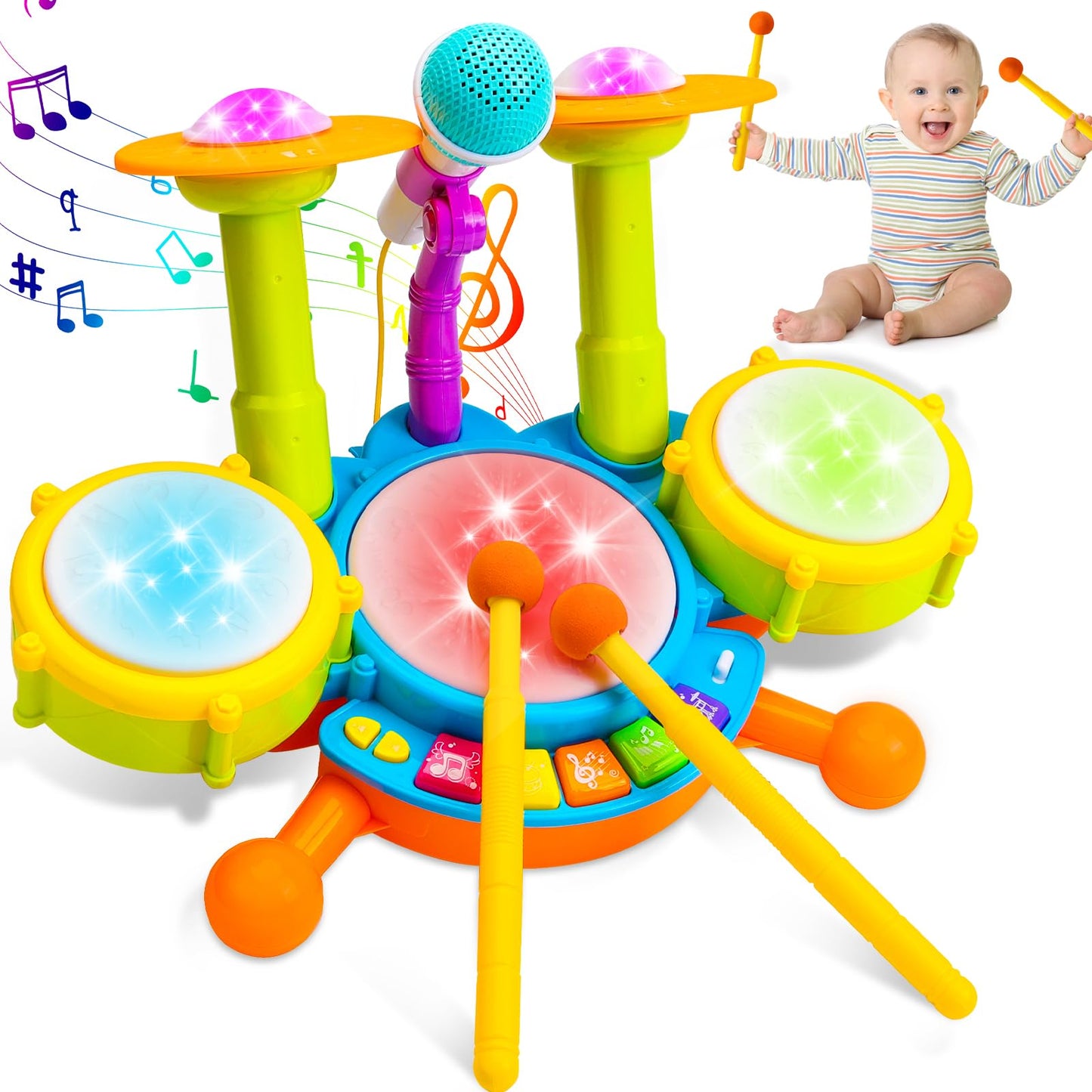 Kids Drum Set for Toddlers 1-3 – Musical Baby Toy with Microphone & Lights, Montessori Learning Gift for Boys & Girls, Ages 6–24 Months