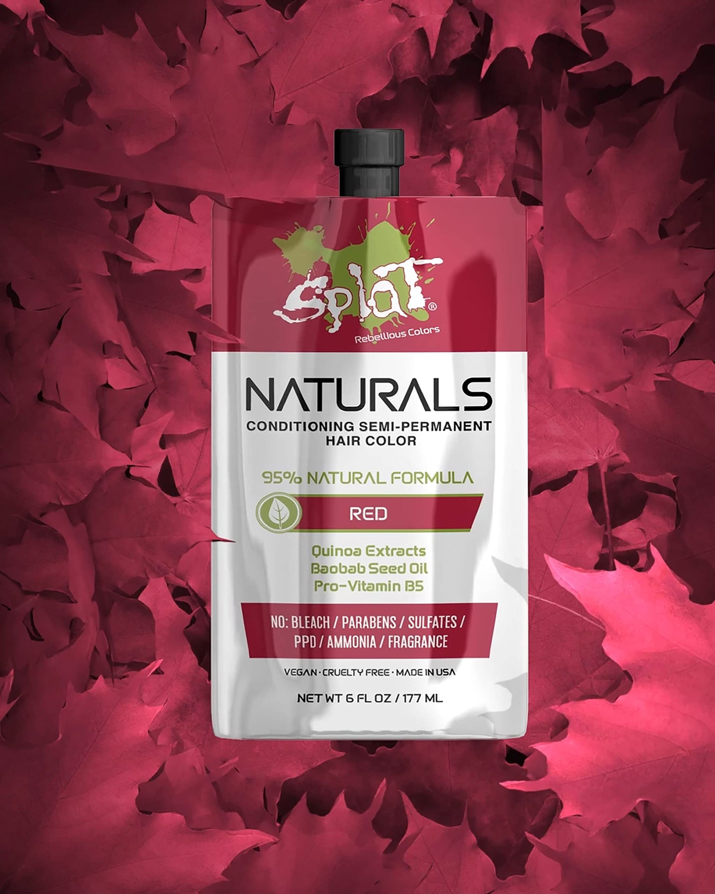Splat Naturals Semi-Permanent Hair Color, Red, 6 fl. oz., 95% Natural Hair Dye Formula Lasts Up to 30 Washes, Vegan & Cruelty-Free