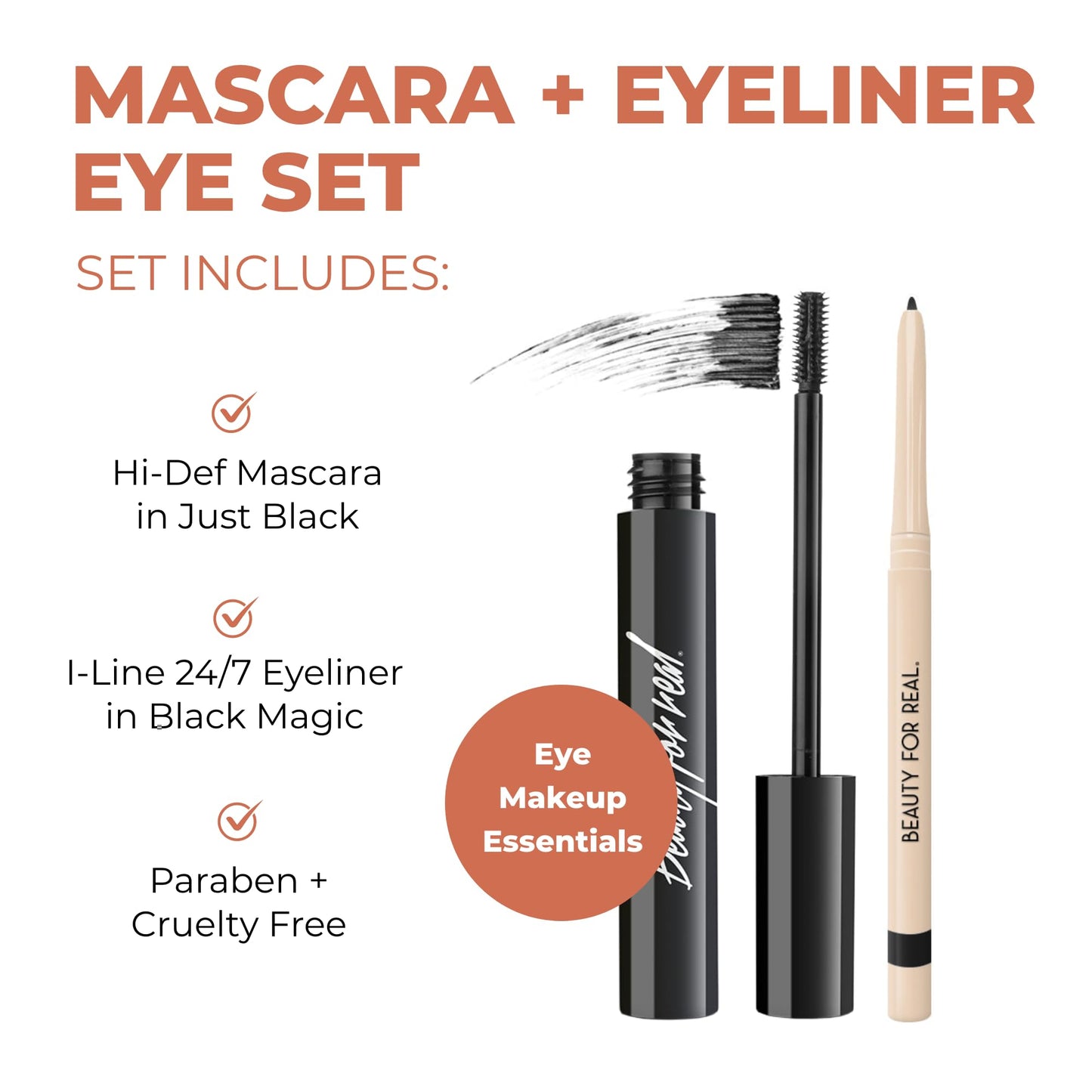 Beauty For Real I-Line 24-7 Eyeliner (Black Magic) & Hi-Def Mascara (Just Black) Set - Long-Wearing, Waterproof Gel Eyeliner + Defining & Volumizing