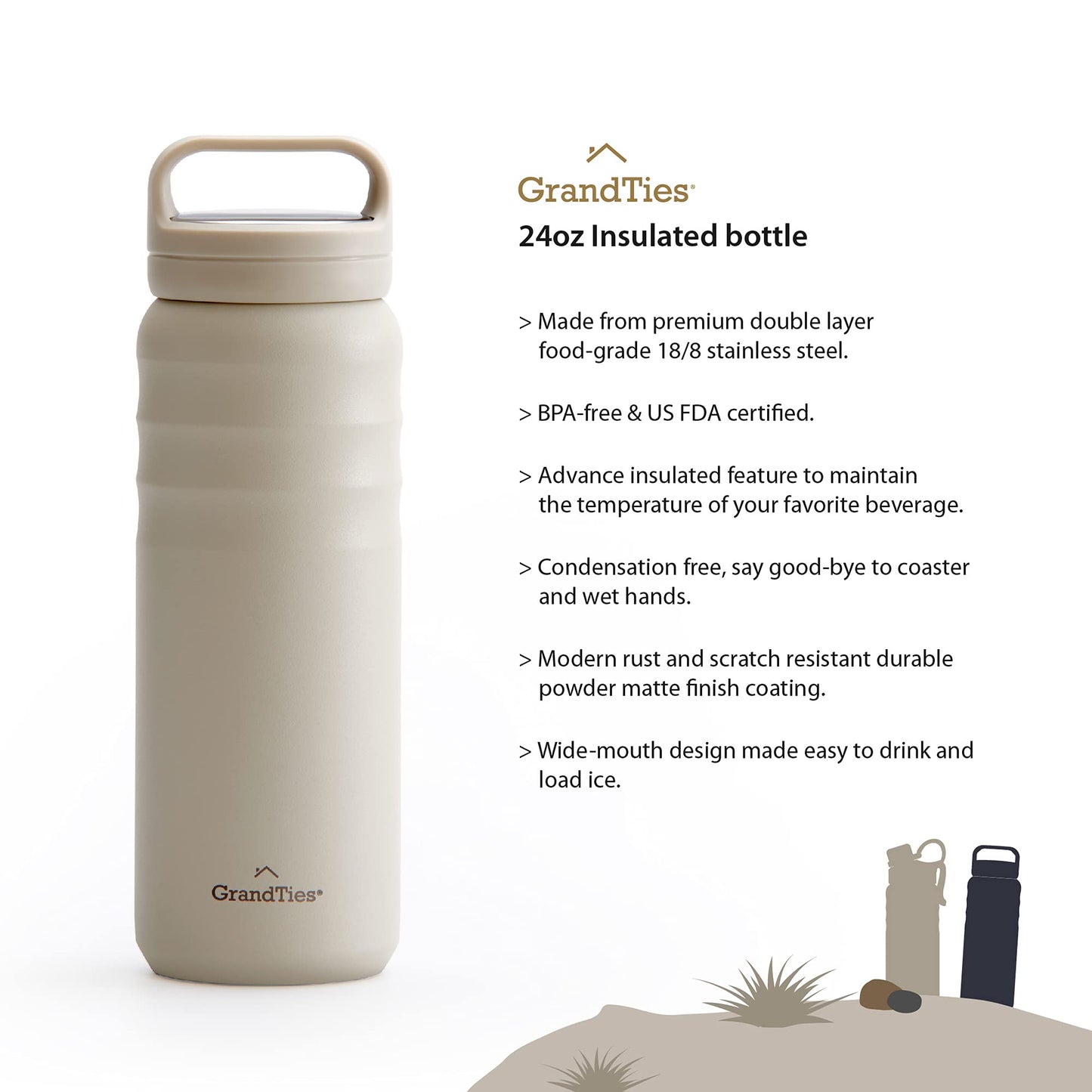 GRANDTIES 2 Lids Sports Stainless Steel Water Bottles - Wide Mouth Vacuum Insulated Reusable Leak Proof BPA-Free Travel Metal Canteen, Thermal