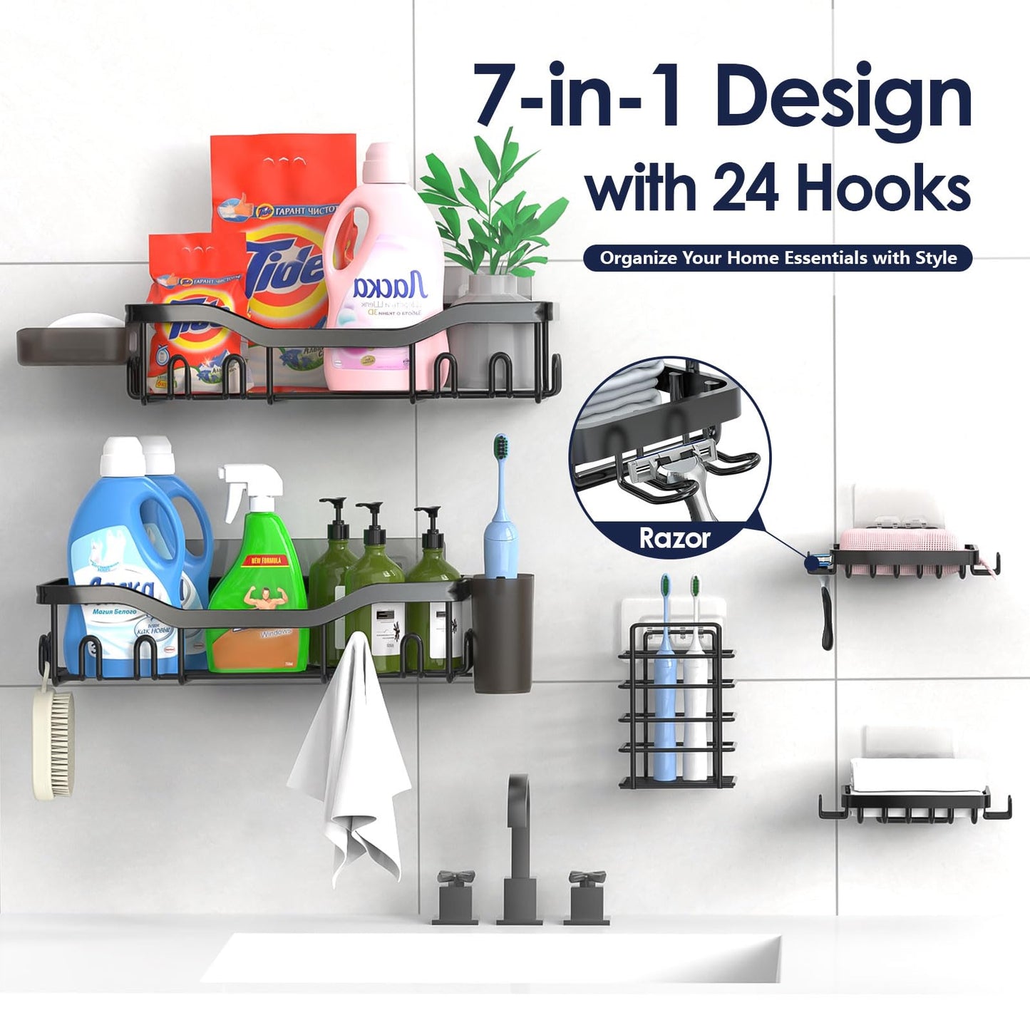 NESOMI 7-Pack Adhesive Shower Caddy – Rustproof No-Drill Bathroom Organizer with Shelves, Soap Dish, Toothbrush Holder & Hooks