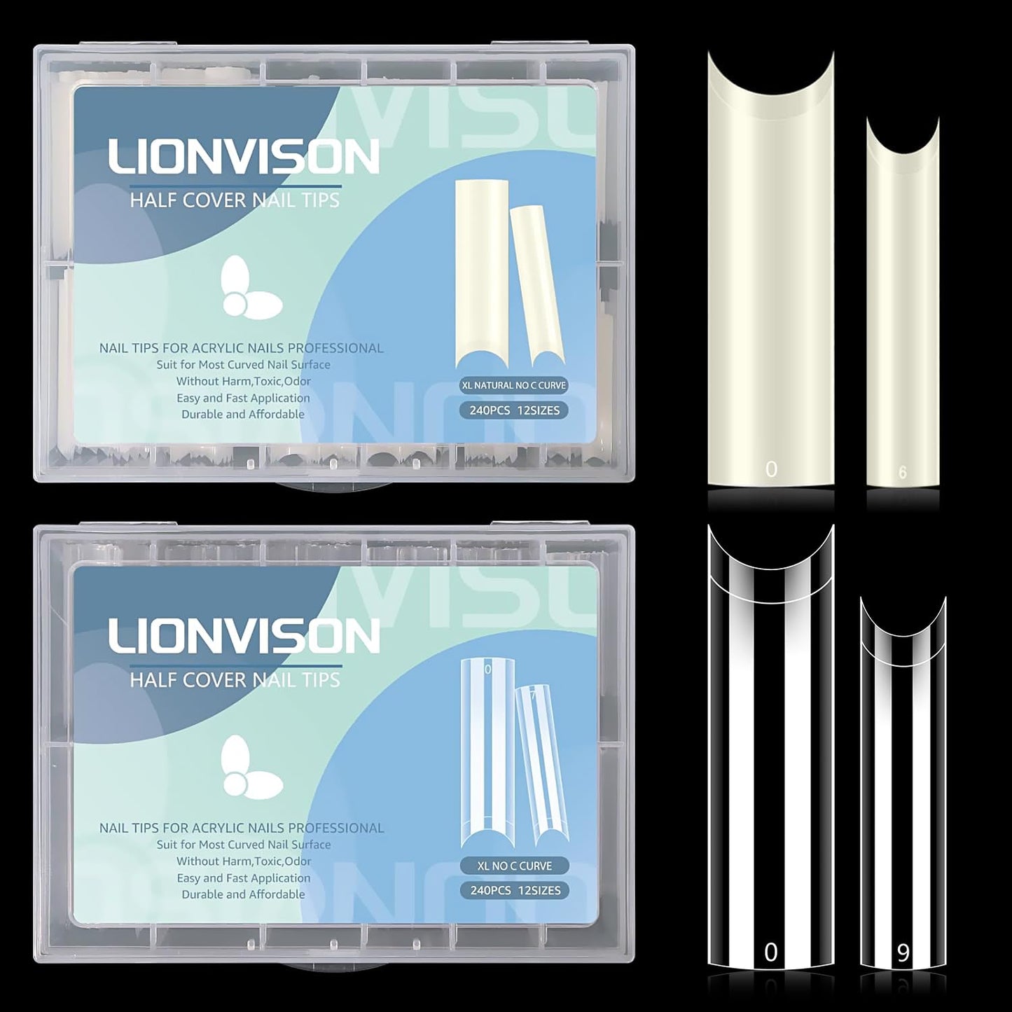 480PCS Extra Long NO C Curve Nail Tips XL, 2 Packs Natural and Clear Nail Tips for Acrylic Nails Professional Set, 12 Sizes Straight Tapered Square
