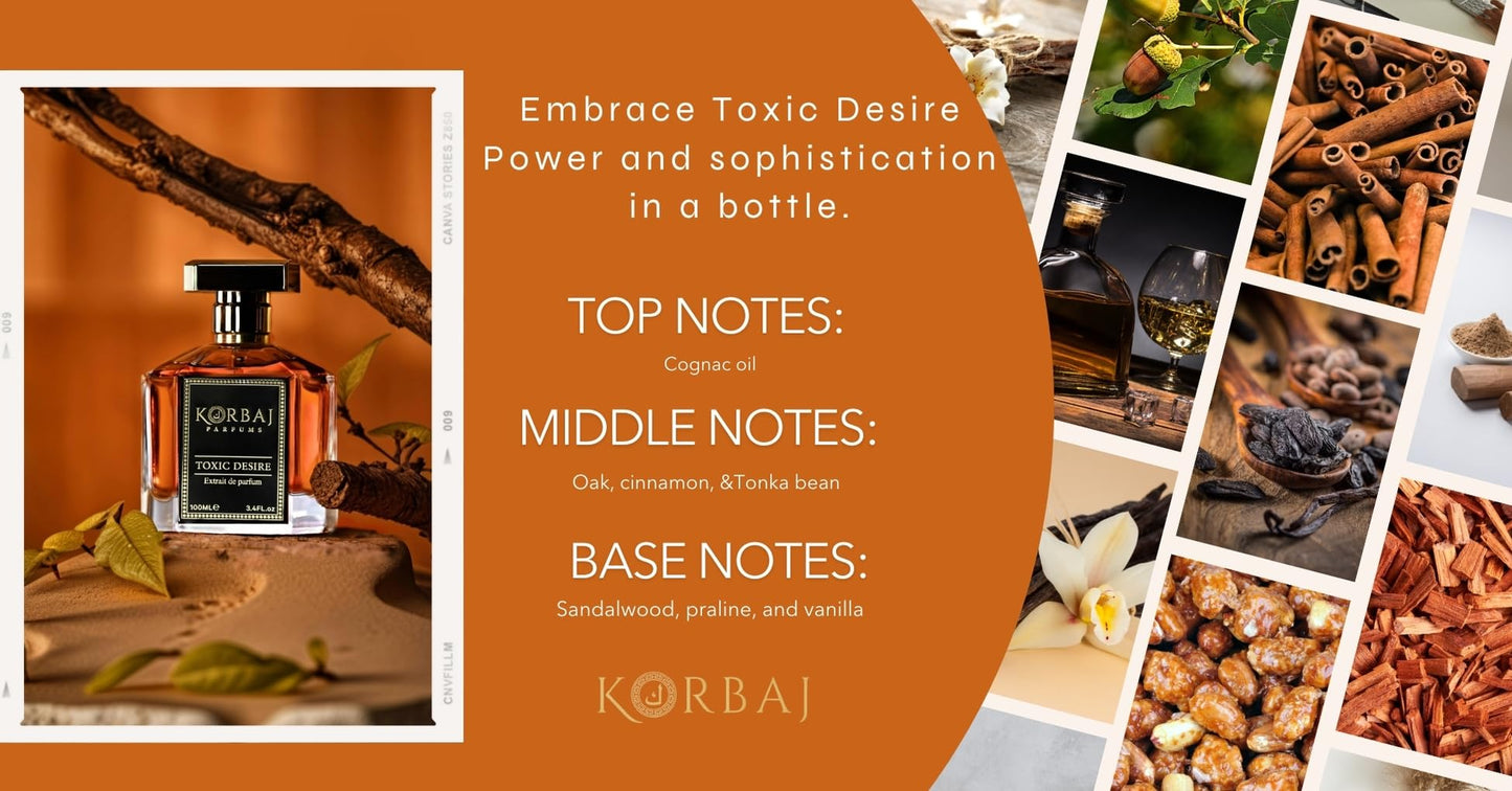 KORBAJ PARFUMS Toxic Desire - Arabian Perfume for Women and Men, EDP Mens Cologne with Cognac Oil, Oak Absolute, Cinnamon Essence, Tonka Bean