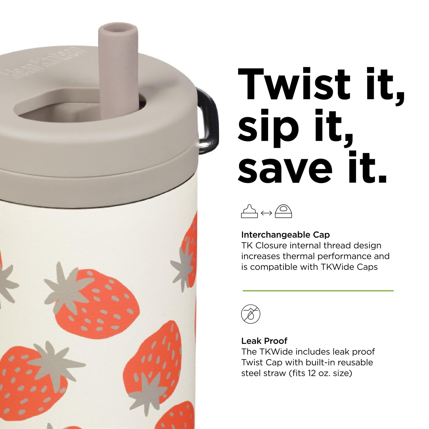 Klean Kanteen TKWide Insulated Bottle - Twist Cap, Steel Straw - Dishwasher - Strawberries 12 oz