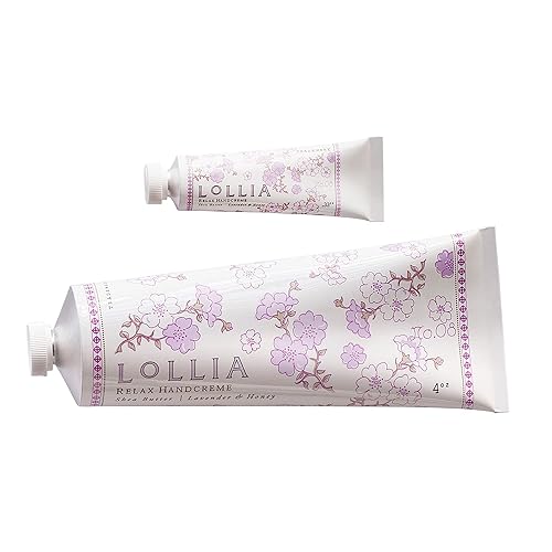 LOLLIA Relax Handcreme Bundle, 4 oz. & .33 oz. - Lavender & Honey - Scented Hand Cream for Women, Moisturizing Hand for Dry Hands, Shea & Cocoa