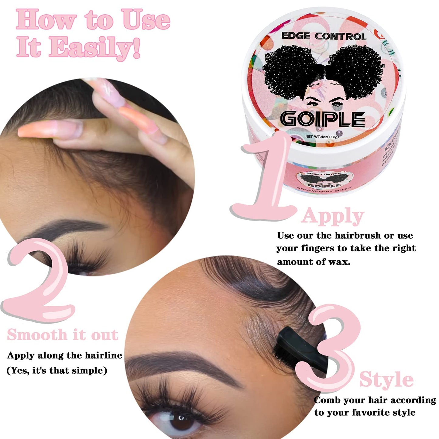 Edge Control Wax for Women Strong Hold Non-greasy, Edge Wax Styling Gel for Black Women Hair No Flaking, White Residue, Shine and Smooth Strawberry
