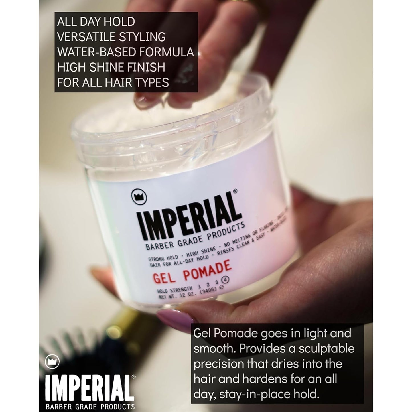Imperial Barber Grade Products | Gel Pomade, 12 oz | Strong Hold | High Shine | Water-Based | Easy to Wash Out | Heat Resistant | All-Day Hold