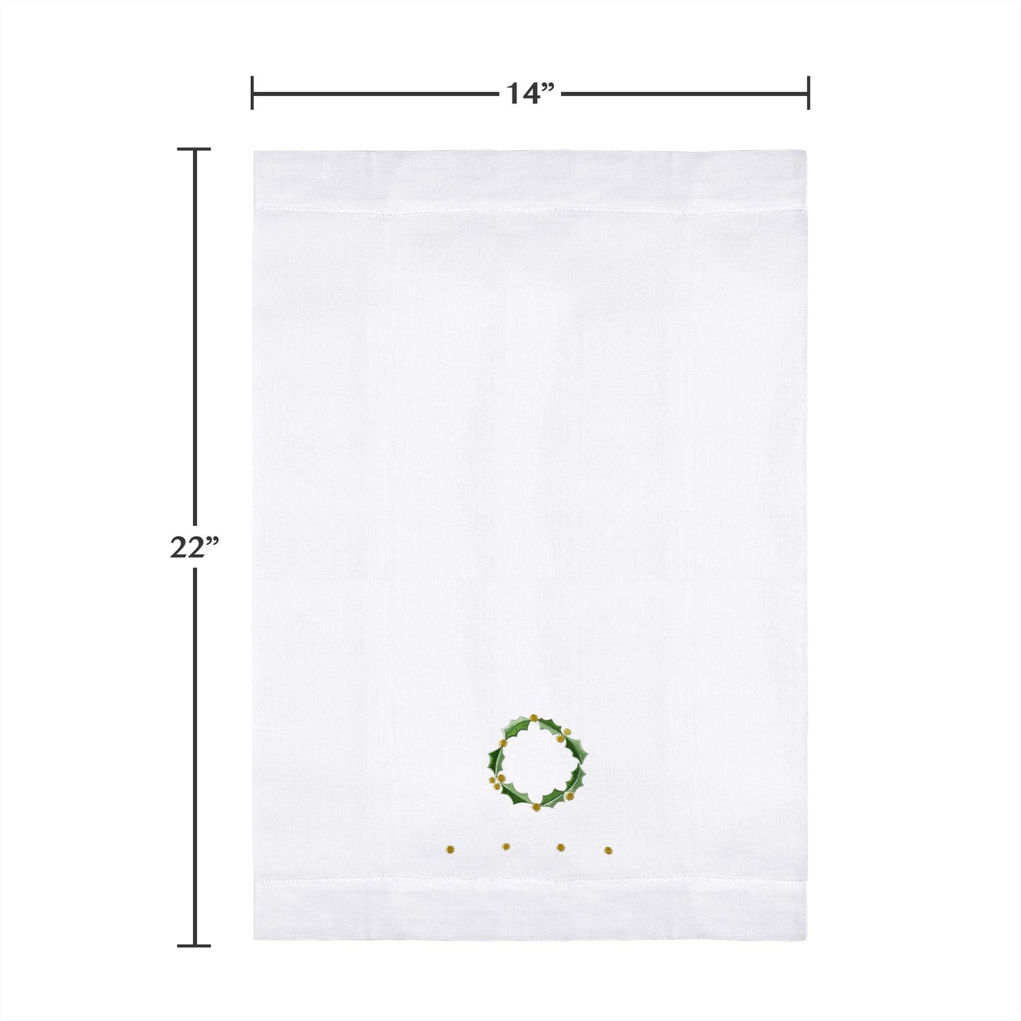 Saro Lifestyle Holly Leaf Wreath Embroidery Christmas Hemstitched Linen Cotton Guest Towel (Set of 4), White, 14"x22"