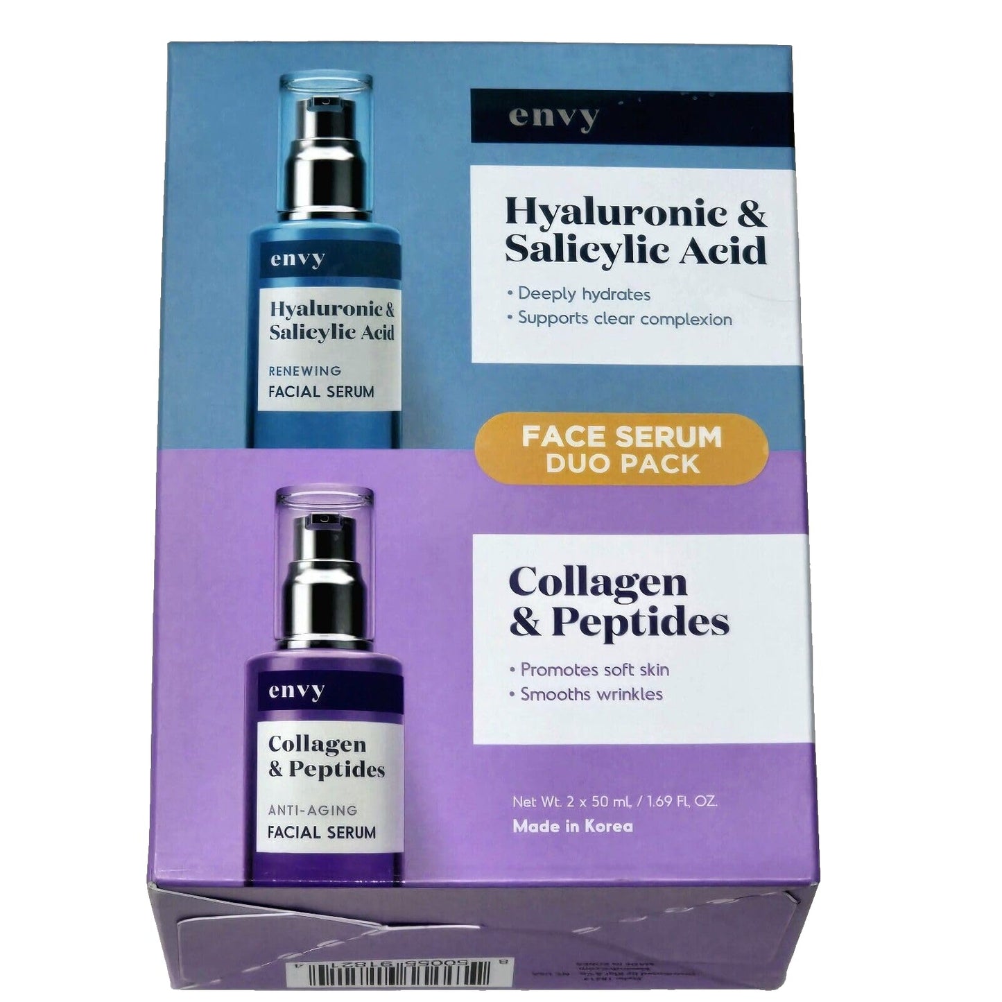 Envy Face Serum Duo Pack Hyaluronic & Salicylic Acid 1.69 fl oz and Collagen & Peptides 1.69 fl oz