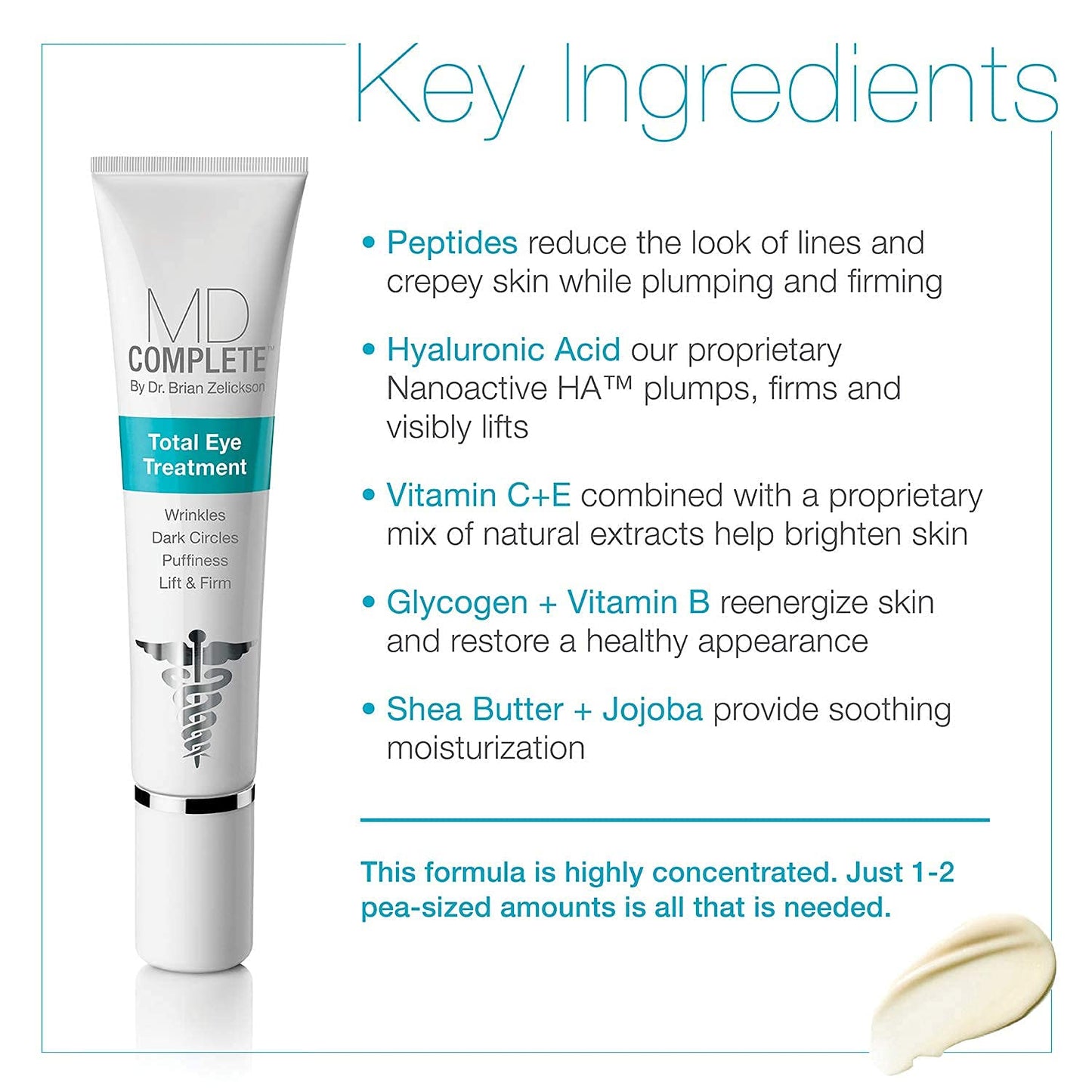 MD Complete Total Eye Treatment | Anti-Aging Hydrating Skin Renewal Eye Treatment | with Peptides, Vitamins C & E and Hyaluronic Acid for Wrinkles