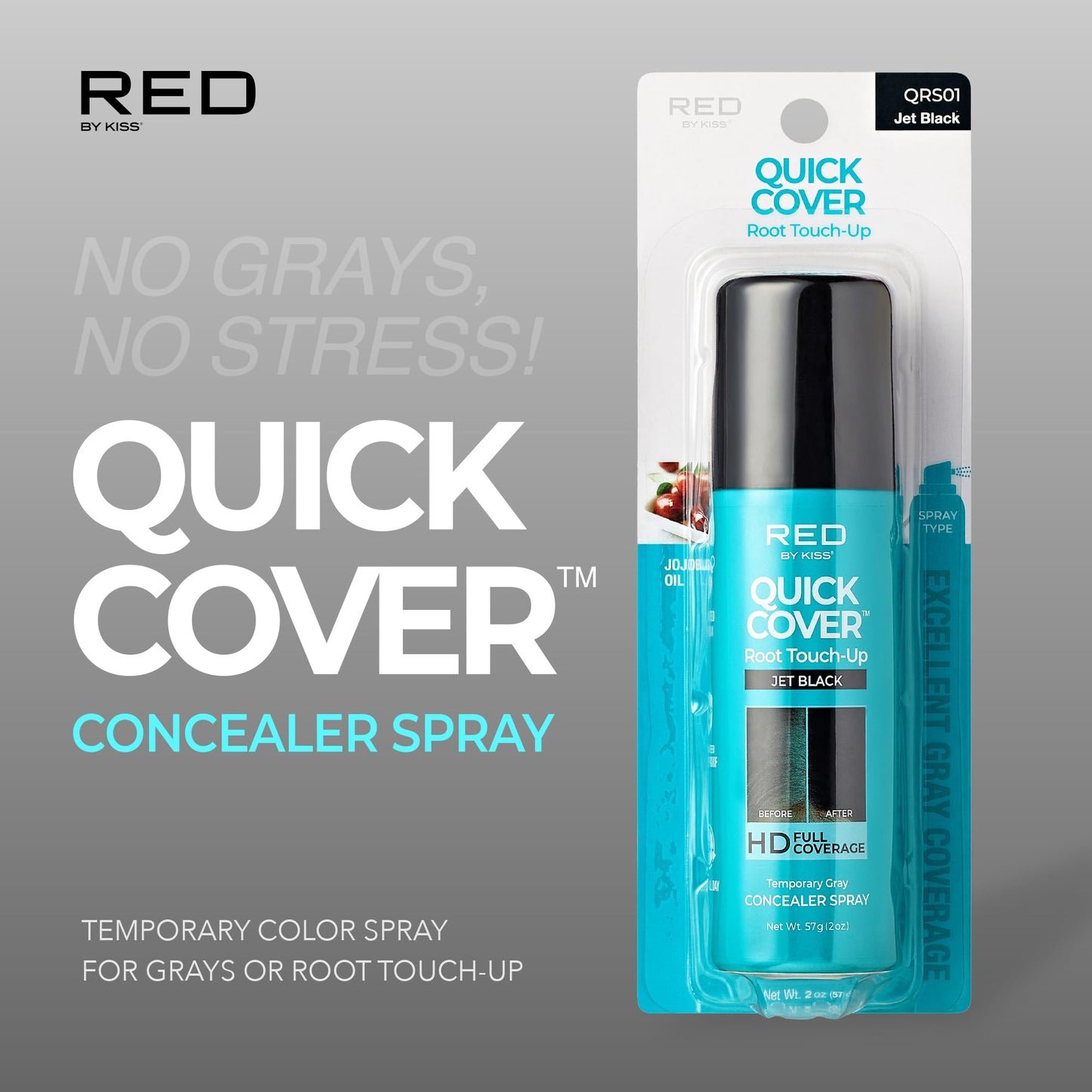 Red by Kiss Quick Cover Root Touch-Up Spray, Waterproof & Smudge-Proof Gray Coverage, Quick-Dry Formula with Jojoba Oil, Lightweight & Travel-Friendly