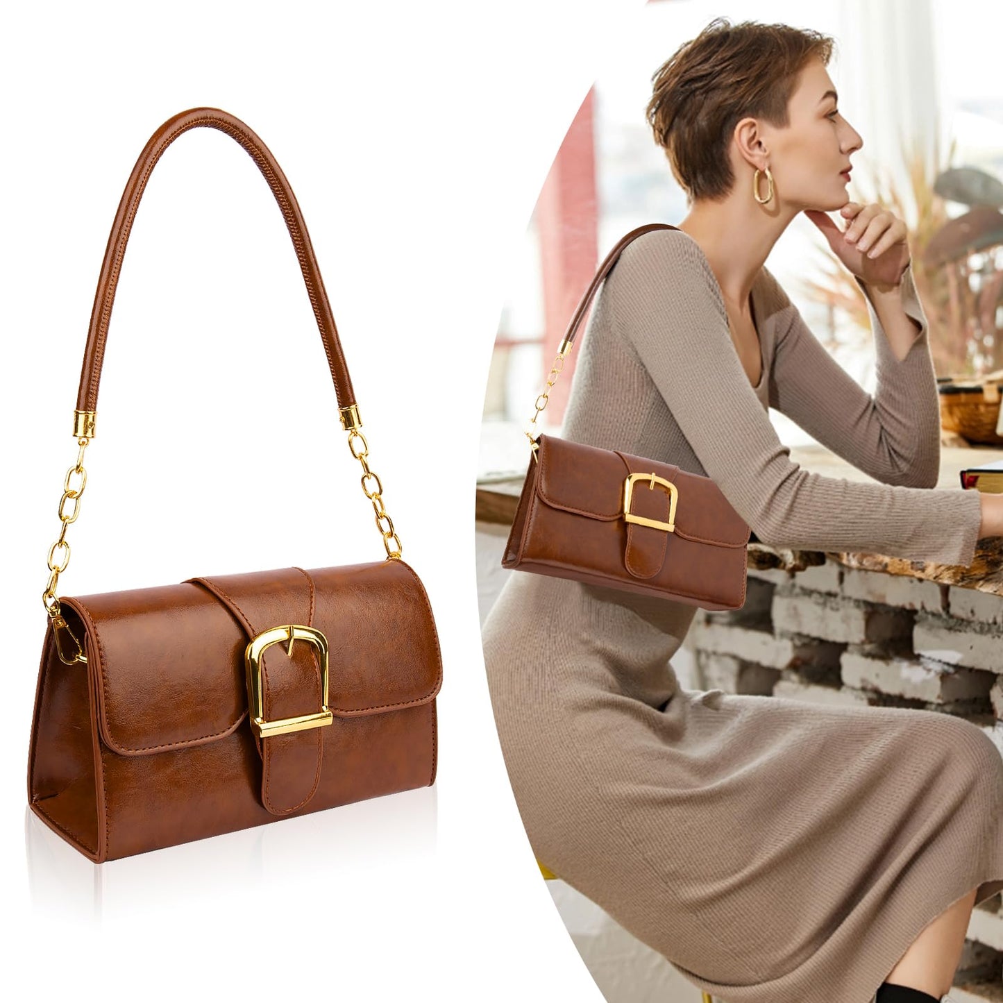 Shoulder Bag for Women, Faux Leather Women's Shoulder Handbags, Fashionable Tote Purses for Women with Removable Strap and Zipper Closure (Brown)