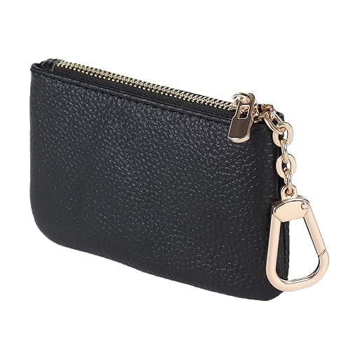 LARENNT Full Grain Leather Coin Purse With Key Chain - Small Change Purse Card Holder Keychain Pouch Wallet for Women and Men (Black)