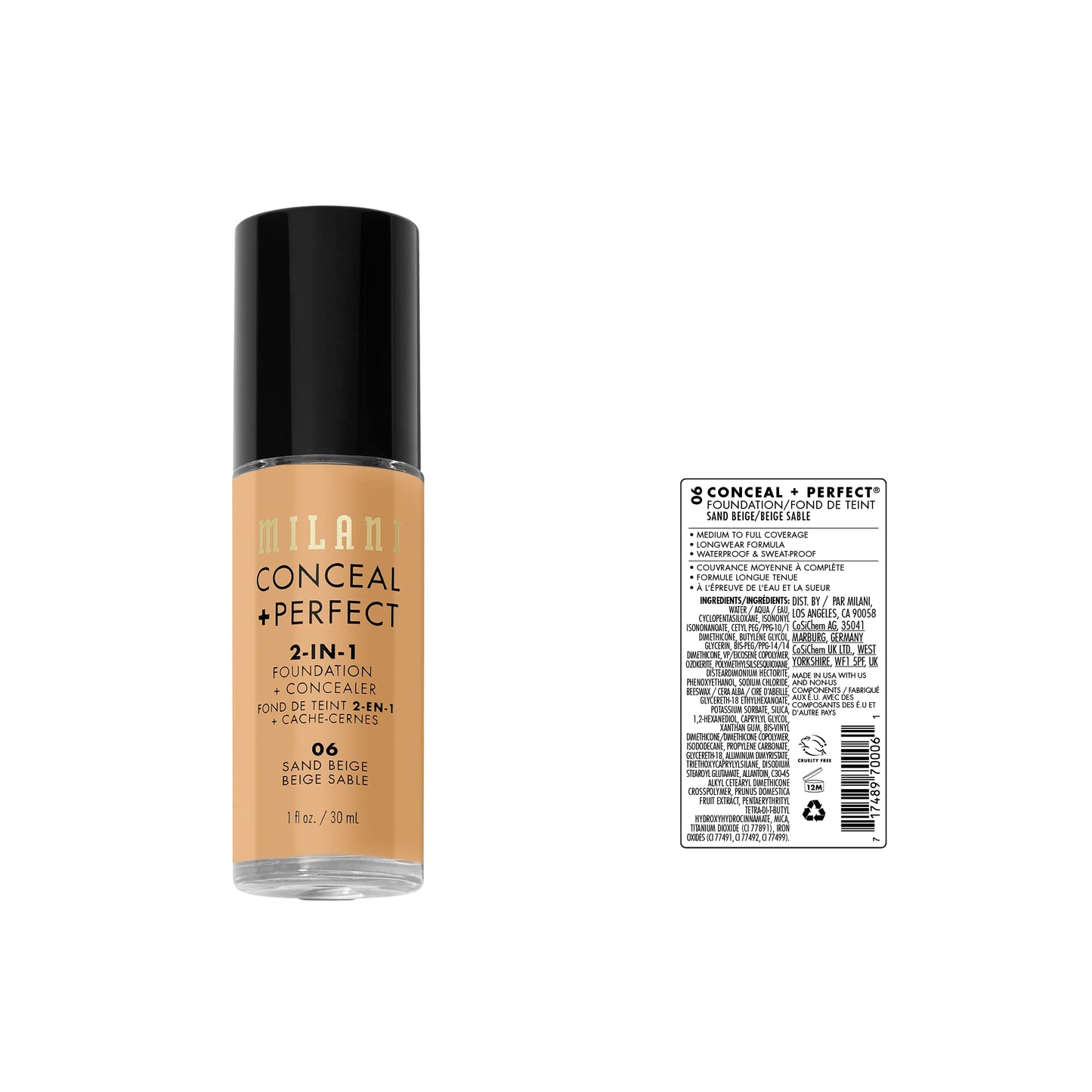Milani Conceal + Perfect 2-in-1 Foundation + Concealer for a Flawless Complexion, Under Eye Corrector, Cover Redness and Imperfections, Waterproof