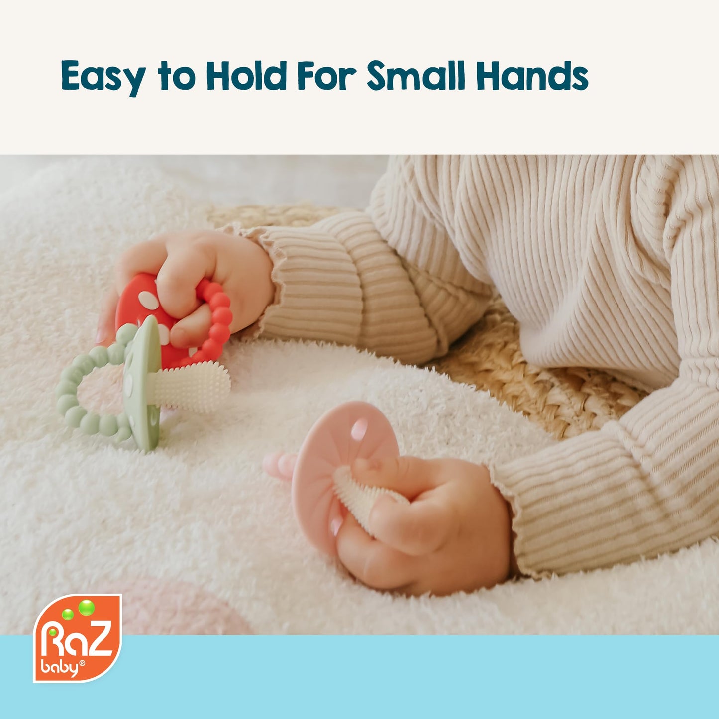 RaZbaby Chompy Teether – Soft Silicone Baby Teething Toy 3M+, BPA-Free, Easy to Hold, Soothing Bristles, Sensory Aid – Red/Blue