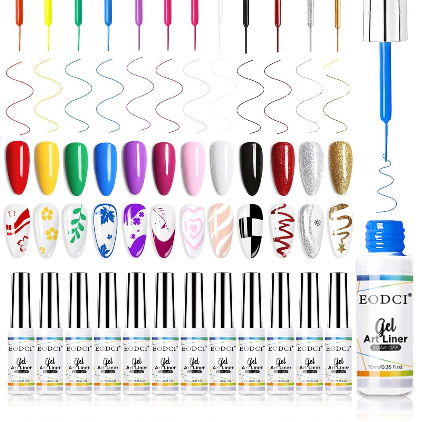 eodci Nail Art Gel Liner Set, 12 Colors Black Red Pink Yellow Green Glitter Fall Winter Gel Polish for Swirl French Tip Painting Designs Soak Off