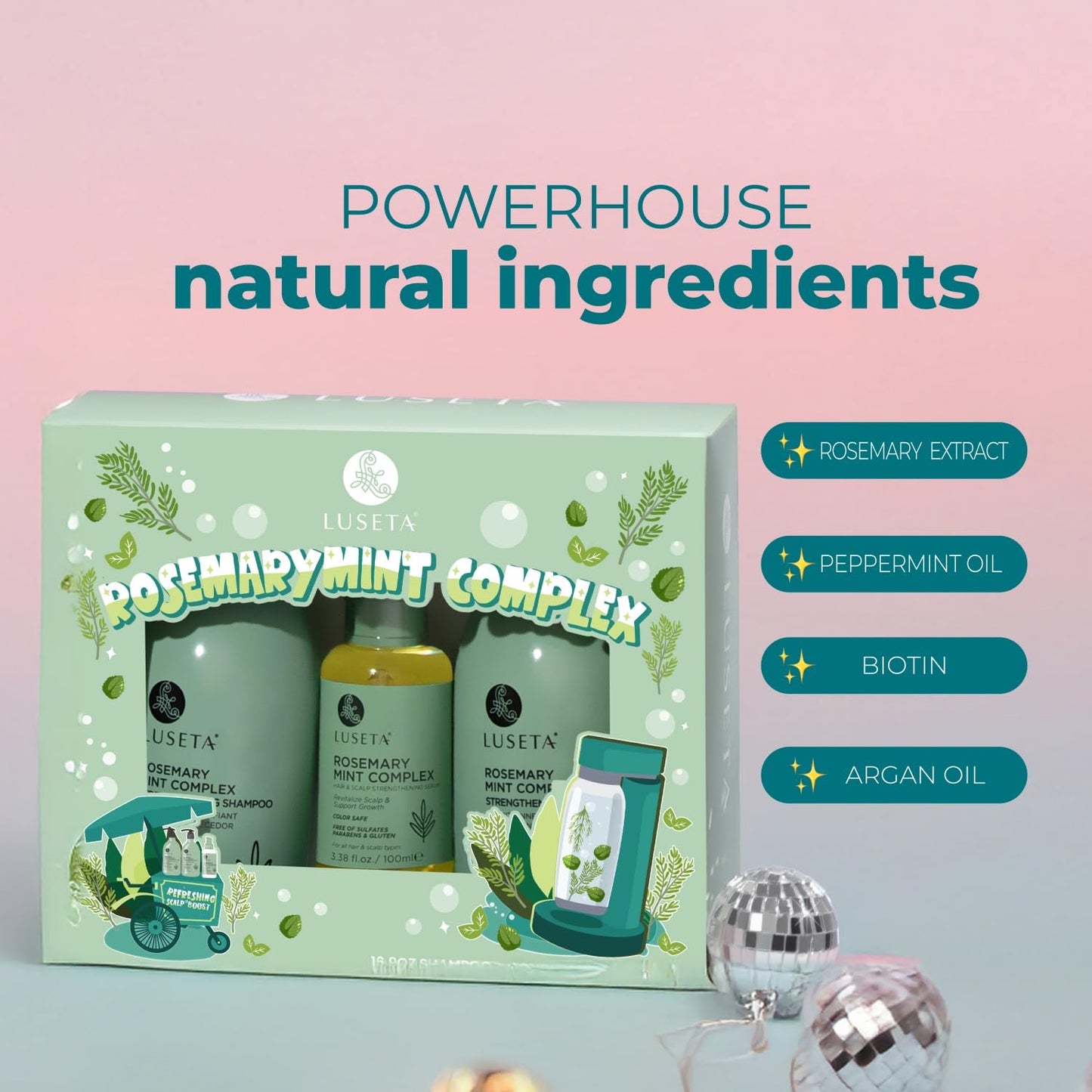 Luseta Rosemary Mint Shampoo and Conditioner 16.9oz and Hair Oil 3.38oz Trio Hair Care Set Nourishment & Smoothness for Thin Hair,Reduce Frizz and Add