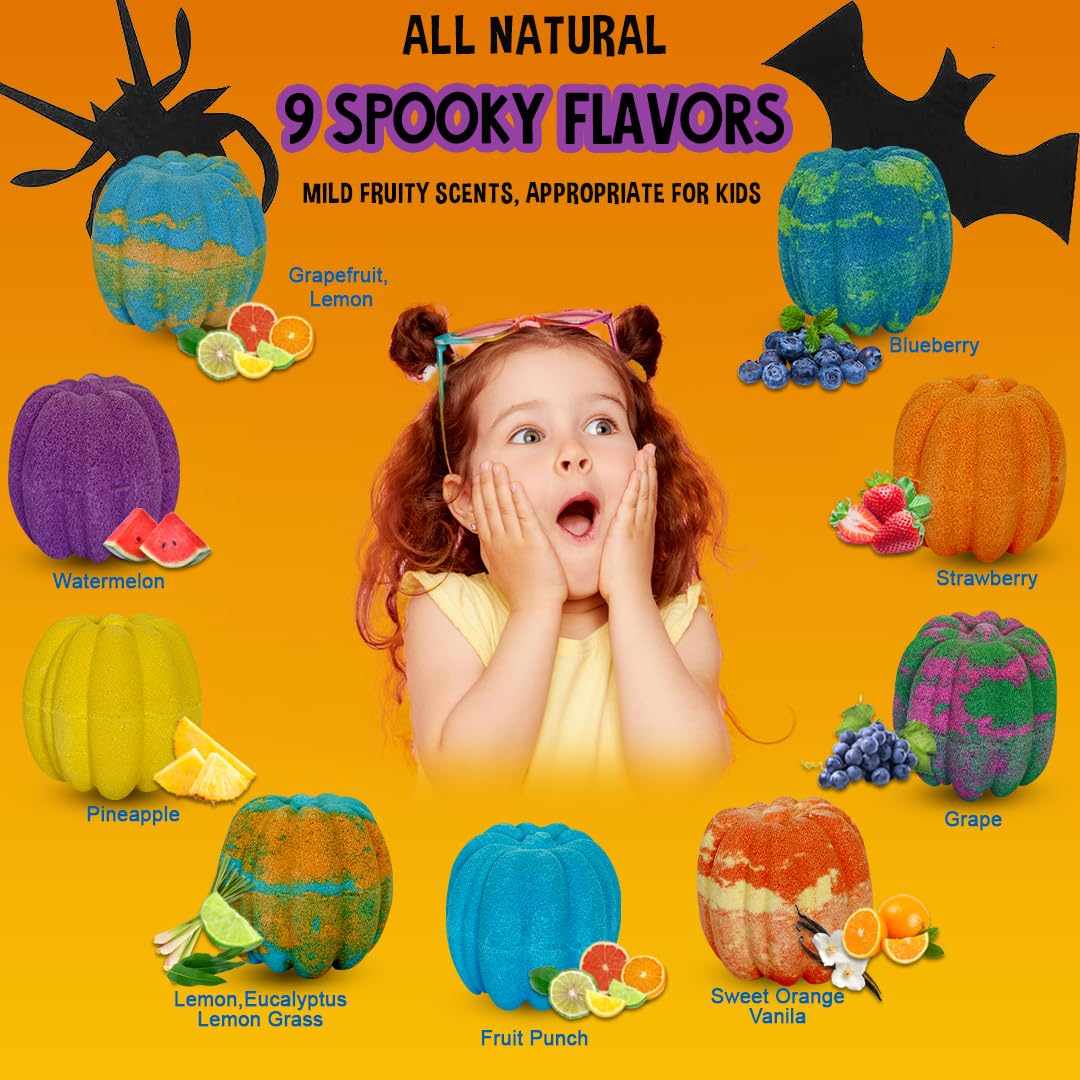 Bath Bombs for Kids with Surprise Toys Inside - Set of 9 Organic Halloween Bath Bombs, Gentle and Safe - Fizzy Balls with Rainbow Bubbles, Halloween…